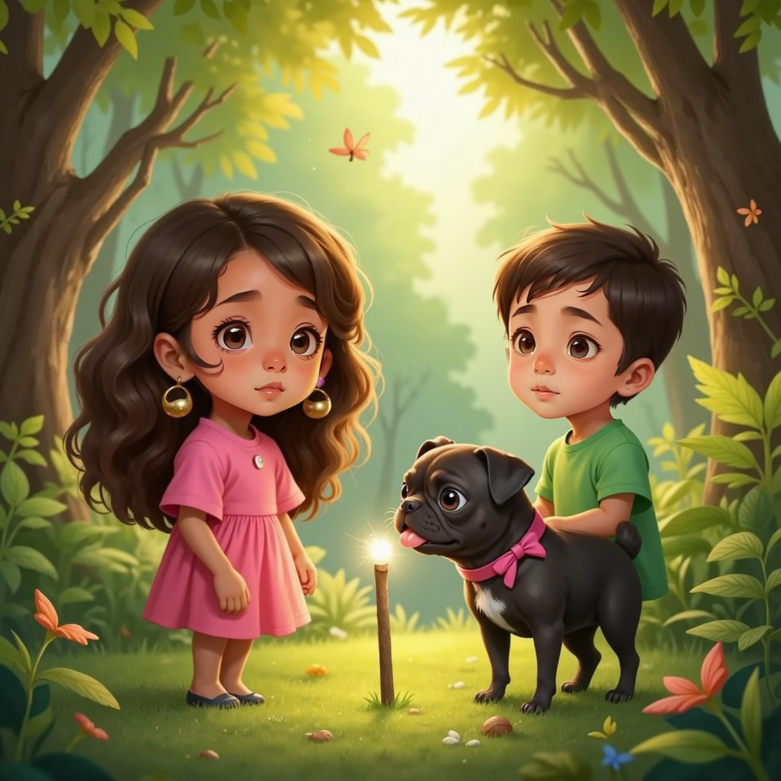 Luna and Liam stand in a sun-dappled forest clearing, mouths open in surprise, while Rey the pug sniffs a shimmering stick on the mossy ground. Afternoon light filters through branches and makes the 'magic wand' sparkle.
