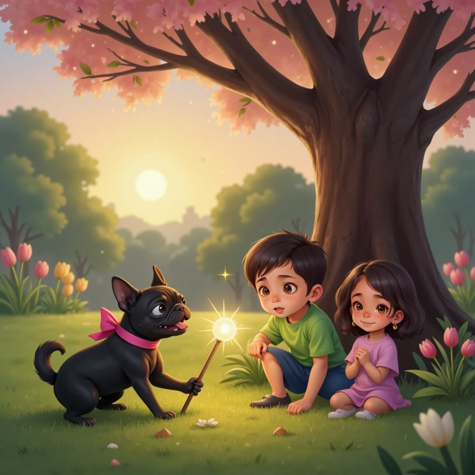 Under the twilight glow beneath a tall tulip tree, Rey gently taps the wand with her snuffly nose as golden sparks fade away. Nearby, Liam yawns and rubs his eyes while Luna watches quietly, hands folded.