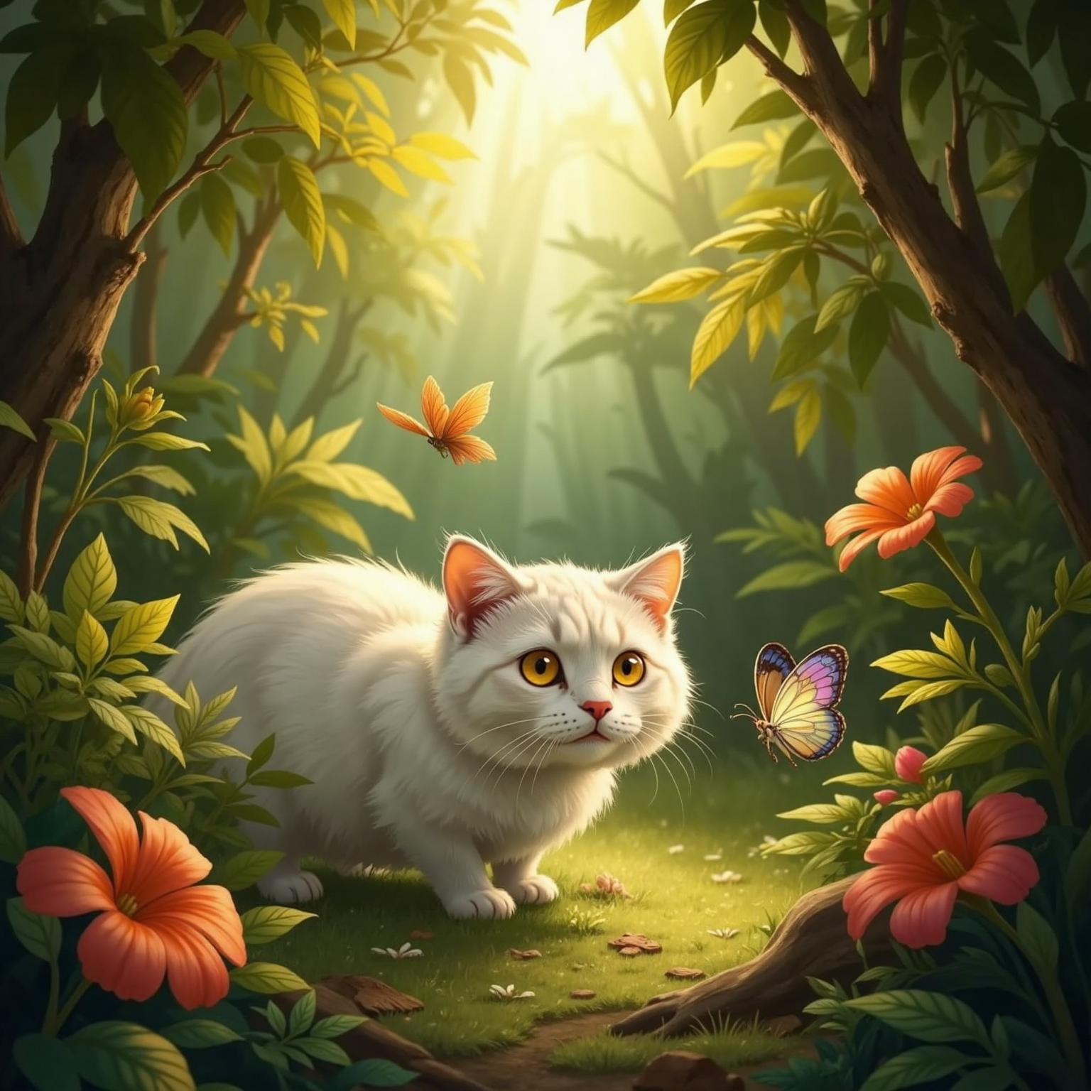 Inside the dim jungle clearing at midday, mottled sunlight filters through vines as Mano crouches, nose close to leafy ground. Above her, two glowing eyes peer from the branches, while a sparkly butterfly drifts deeper between trees.