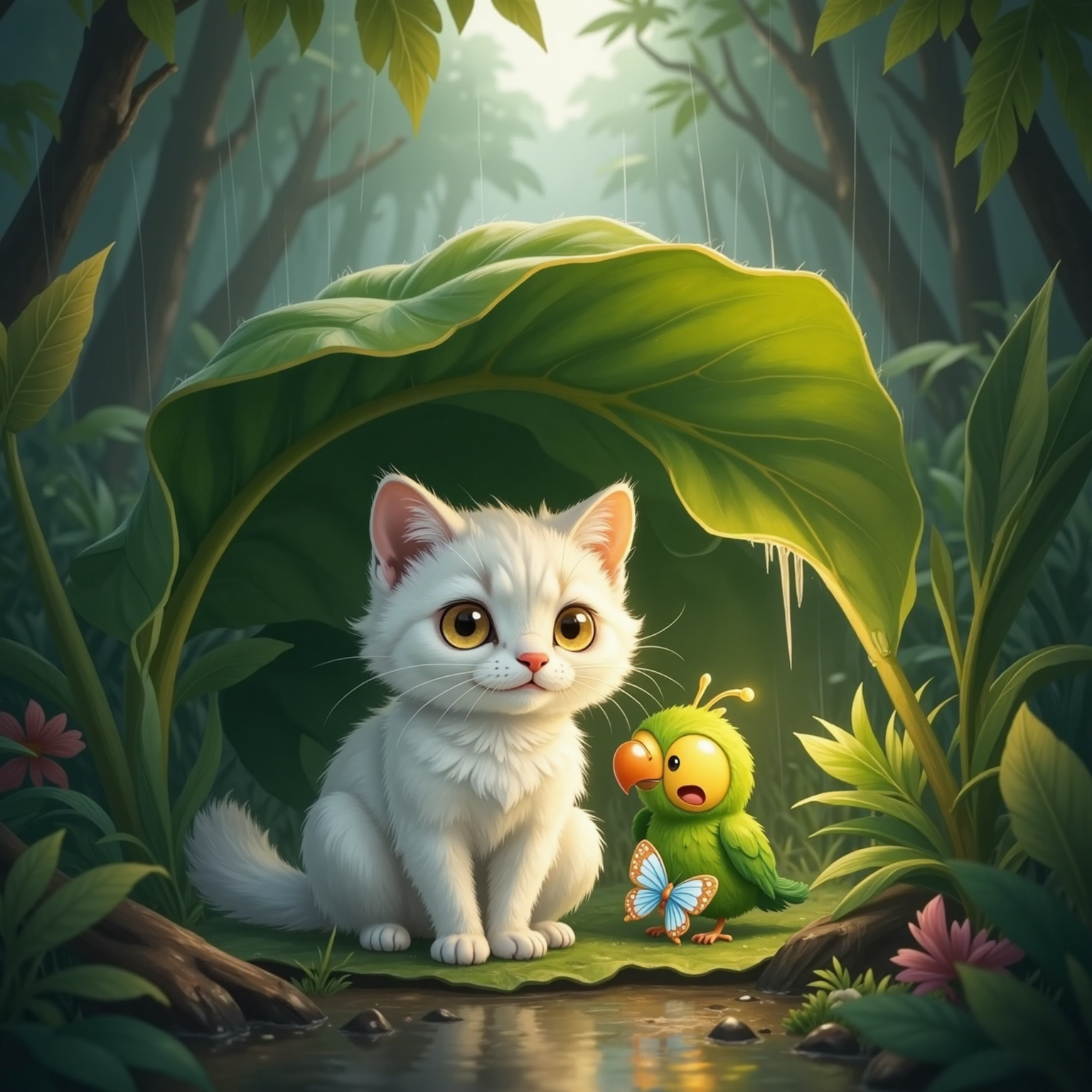 During a grey jungle downpour, Mano, a small green parrot, and a sparkly butterfly huddle beneath a giant glossy leaf that drips with rain. Soft twilight light glows through the leaf, creating a cozy green canopy around their smiles.