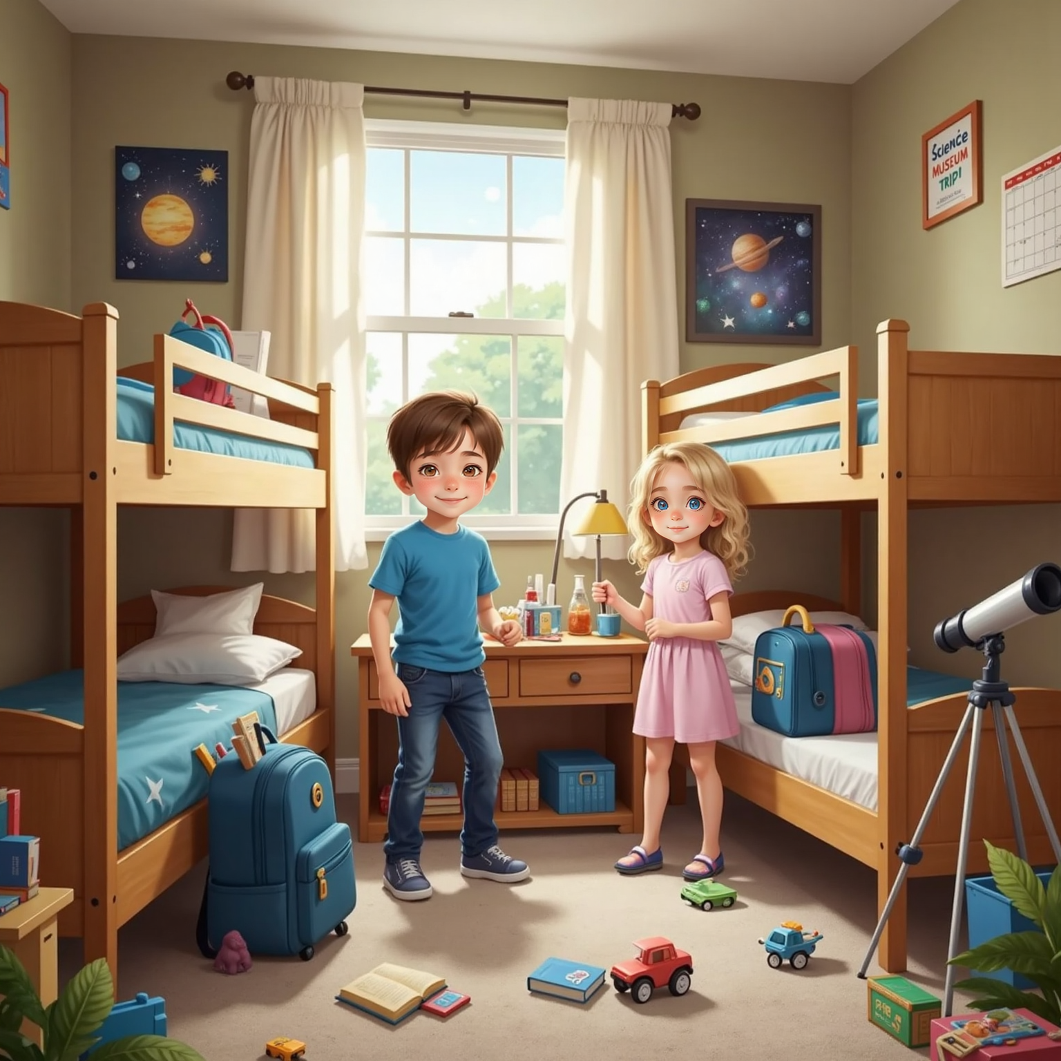 Toby and Ruby in their bedroom at home packing backpacks for their trip to the science museum