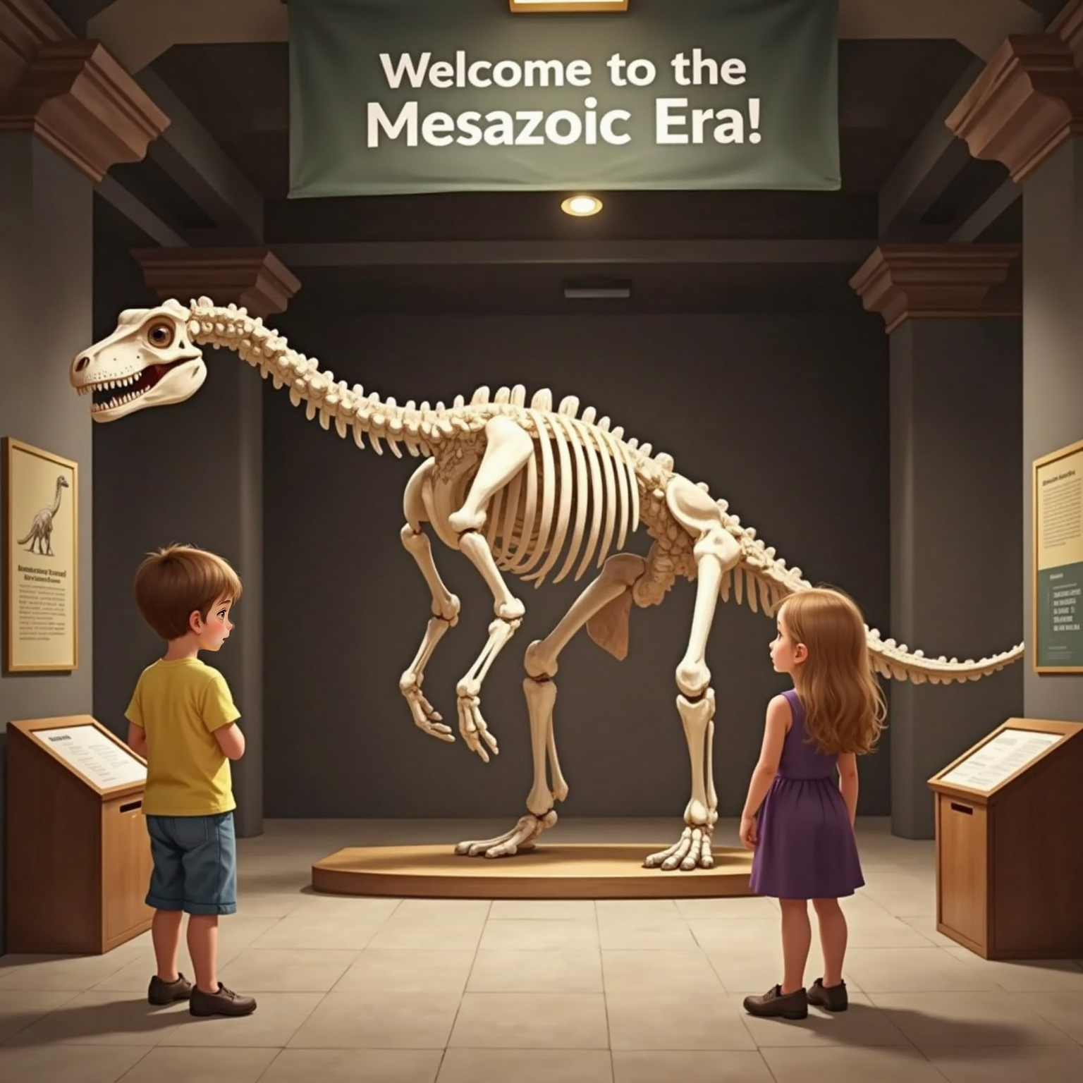 Toby and Ruby in the dinosaur exhibit, looking up at a huge dinosaur skeleton.