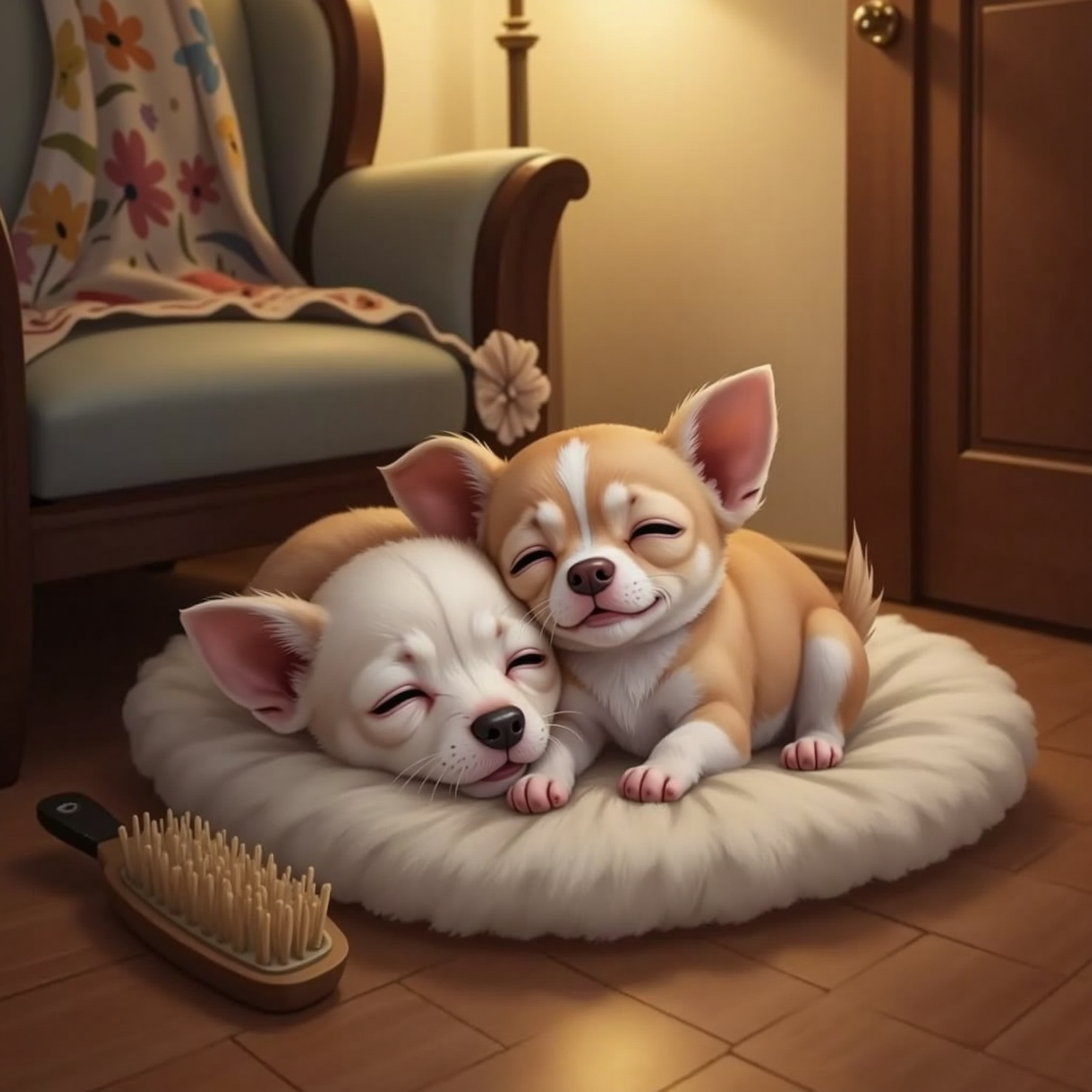 Under warm evening lamplight in a cozy indoor corner, Geno nestles against Ginger on a plush cushion while a small grooming brush lies nearby, both chihuahuas closing their eyes with gentle smiles.