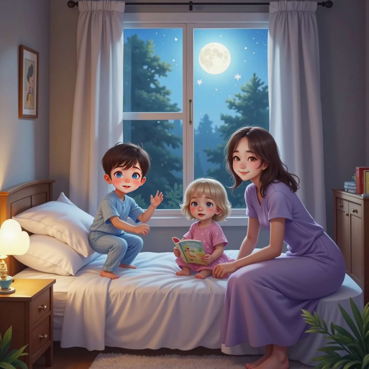 Moonlight spills across the bedroom as Ivy and Joey bounce on fluffy white pillows like bucking bulls. Mama crouches by the bed, whispering for them to close their eyes.