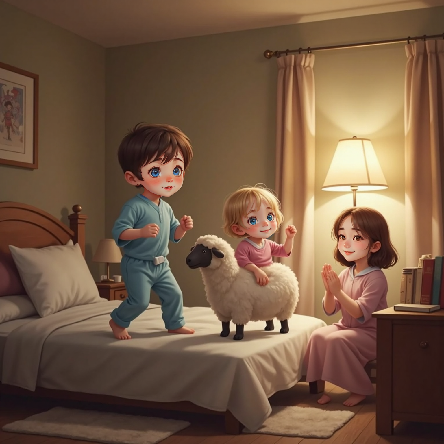 Under dim bedside lamplight, Ivy straddles a plush wooly sheep atop the quilt while Joey leaps behind with arms raised. Mama claps excitedly at their imaginary bedroom rodeo.