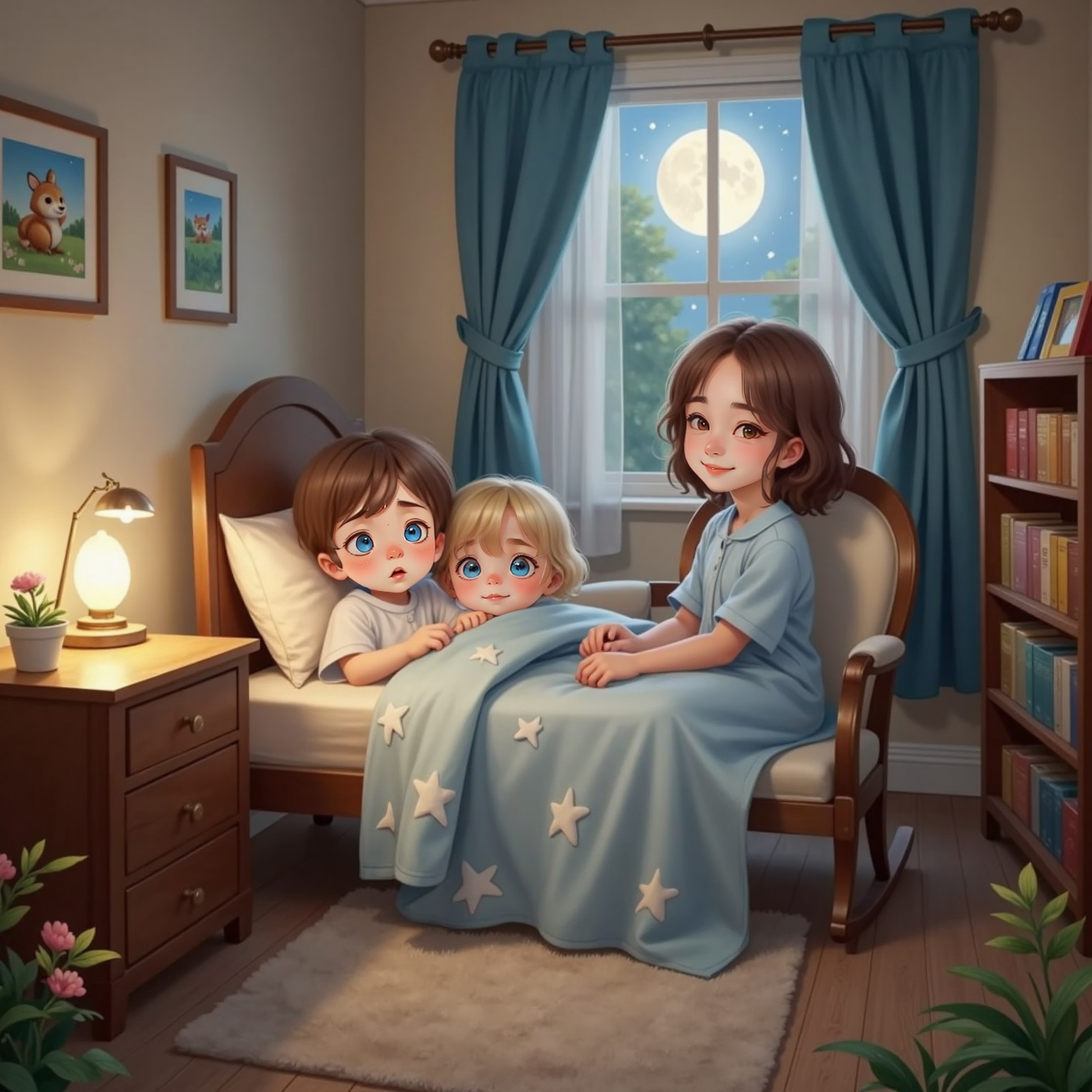 Night settles over the nursery; Ivy and Joey lie side-by-side under a star-patterned blanket. Mama sits in a rocking chair humming twin lullabies, soft lamp-glow reflecting in their closing eyes.