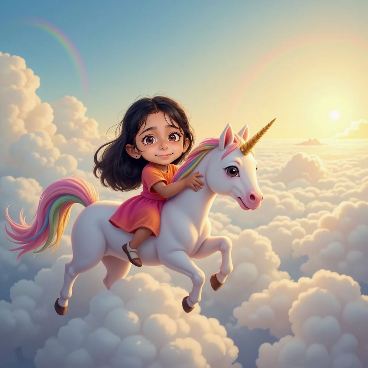High above sunlit cotton-candy clouds, Ajia clings to Milly’s neck as the unicorn glides forward, both grinning wide. Fluffy white cloud islands drift beneath them, glowing in bright midday sky.