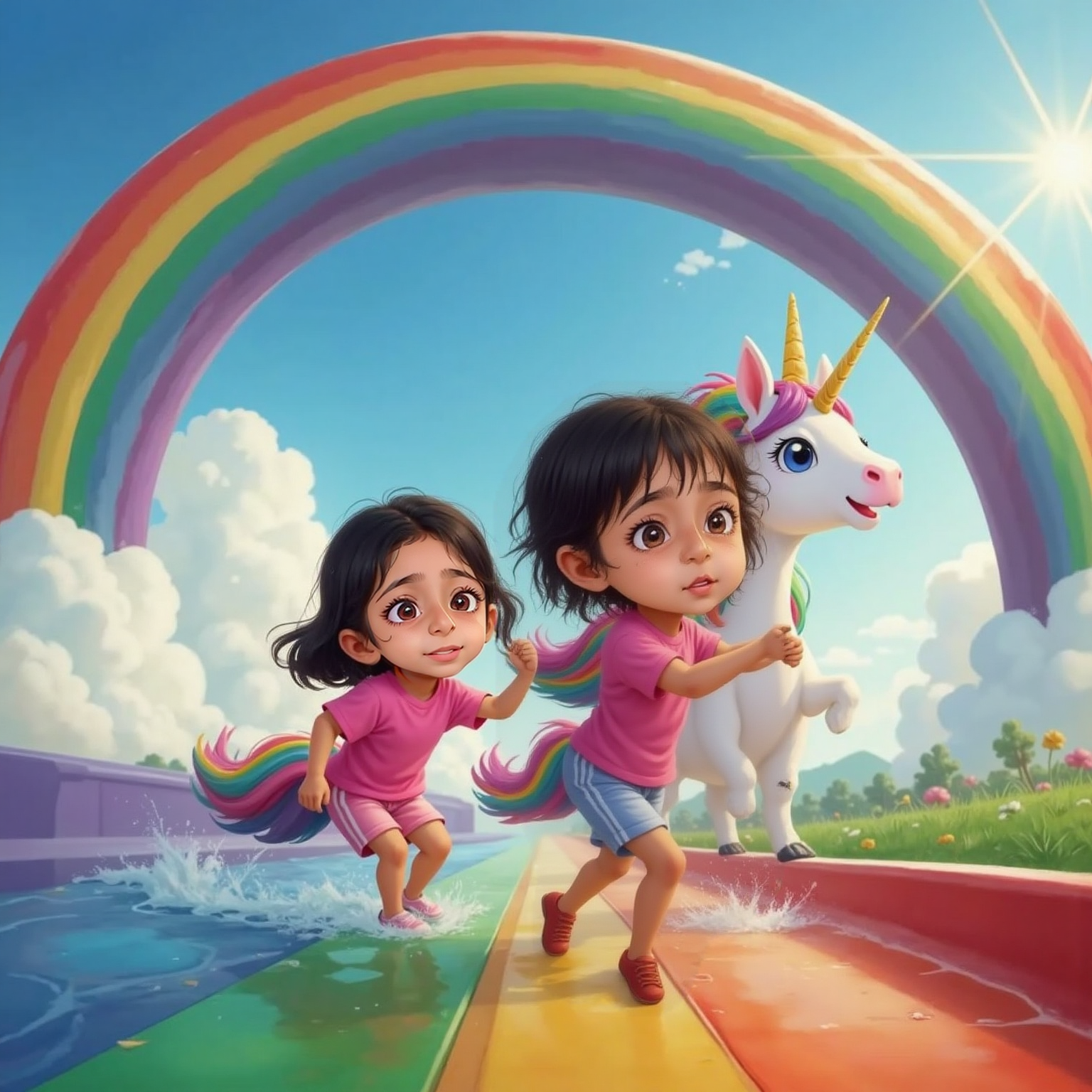 Mid-sky rainbow arch forms a slick slide where Milly and Ajia zoom downward, mouths open in joyous laughter. Surrounding red, orange, green, blue, and gold bands gleam under clear afternoon light.
