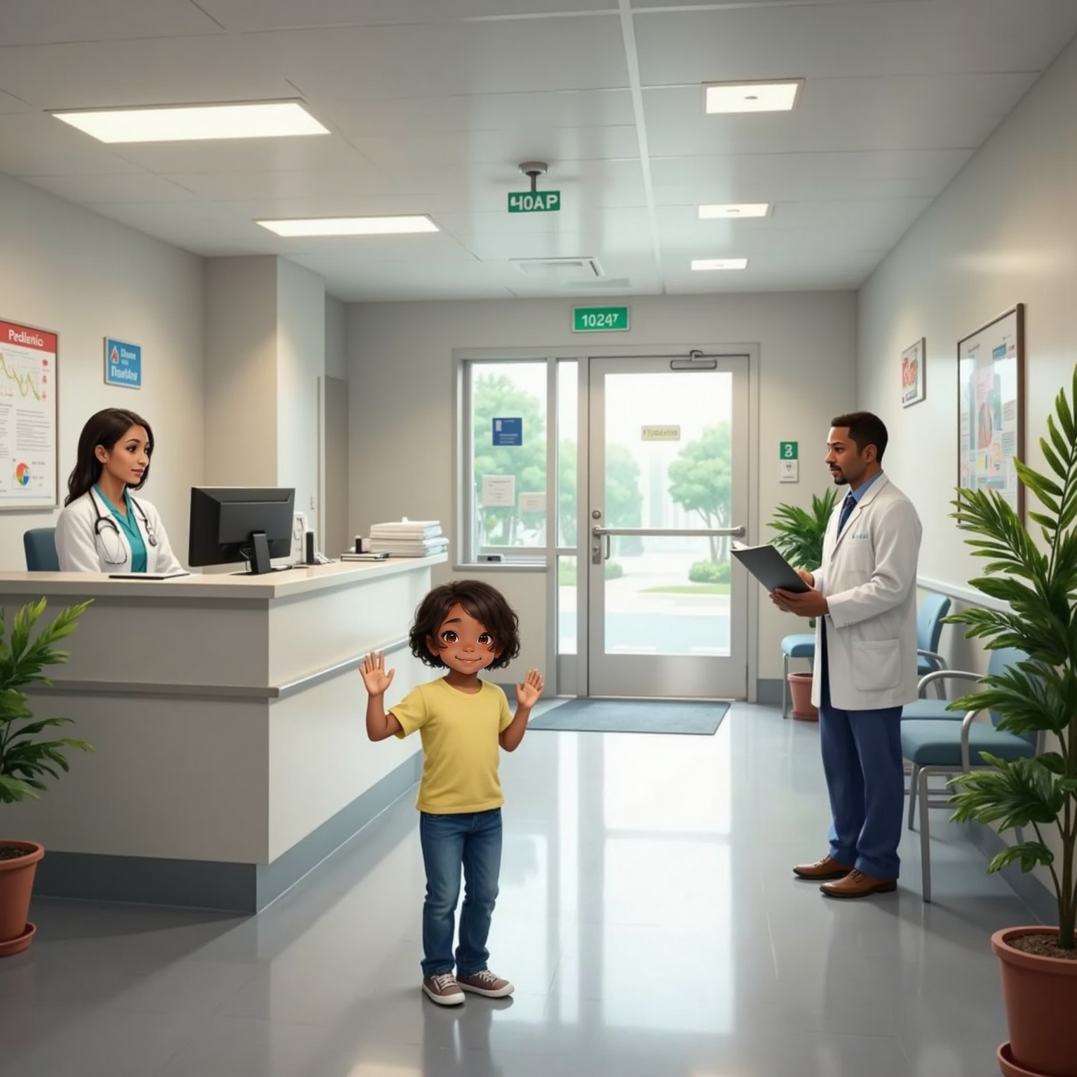 In the spotless hospital lobby under cool fluorescent lights, Anita waves cheerfully toward a smiling nurse at the reception desk while a doctor in a white coat stands beside a medical chart; potted plants and directional signs frame the scene.