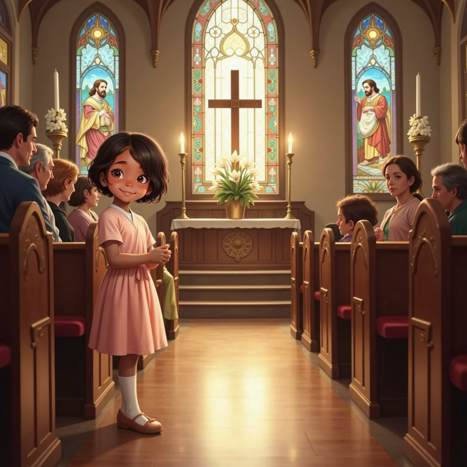 Inside the grand church on Sunday morning, sunlight streams through stained-glass windows as Anita stands near a wooden pew, hands clasped and smiling toward neighbors who exchange warm greetings; candles flicker softly beside her.