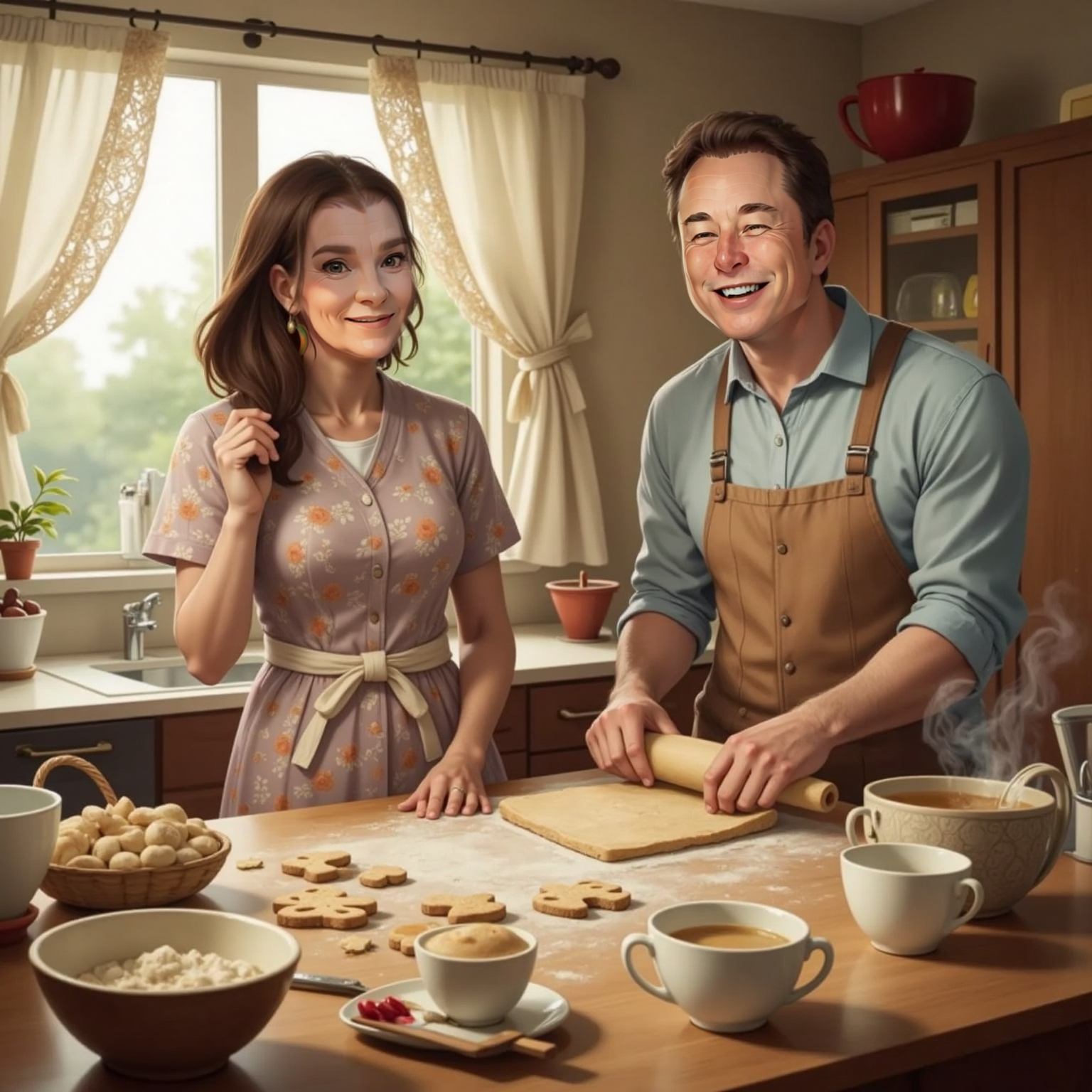 Sunlit kitchen morning, Granny stands by the wooden island brushing her long brown hair while Elonura Mugaraki laughs, rolling cookie dough on a flour-dusted table. Warm light streams through lace curtains, illuminating mixing bowls, cookie cutters, and steaming teacups.