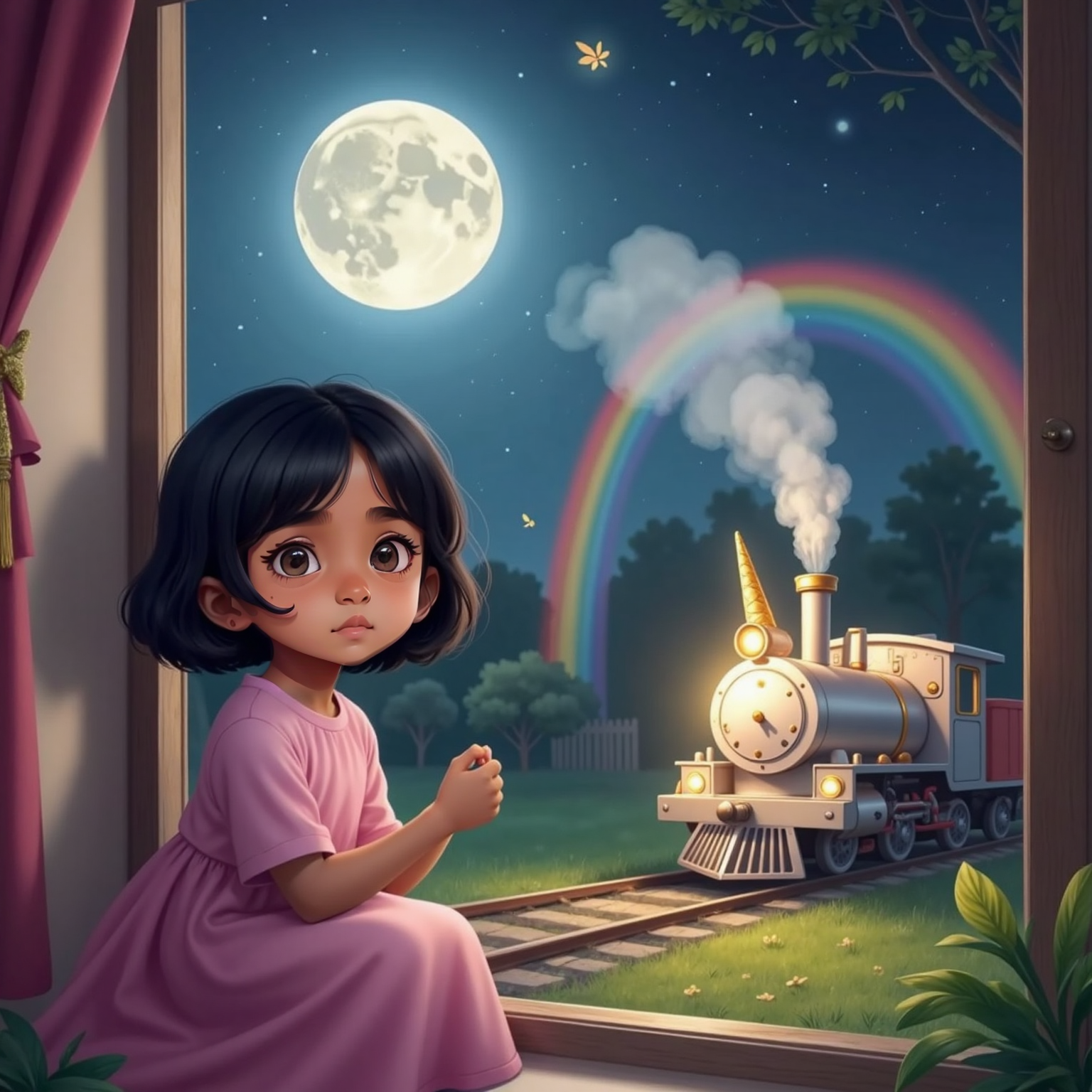 Isha leans out her moonlit bedroom window, gazing at a sparkling silver train with a golden unicorn horn puffing rainbow smoke over the glowing backyard rainbow, while her unicorn plushie glows on the sill.