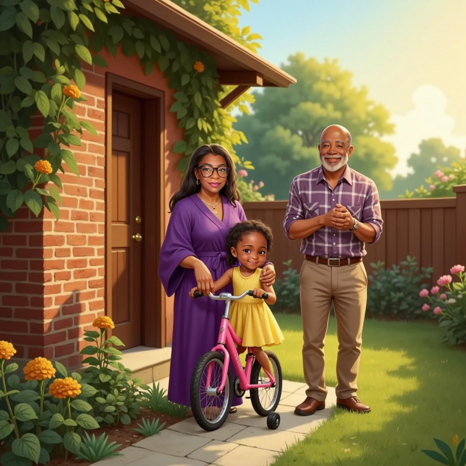 At dusk beside the house, ZayLeigh carefully parks her pink bike against the wall, orange sunset light spilling across the backyard. Grandmother hugs her from behind while Grandpa stands nearby, arms folded and smiling with a proud wink.