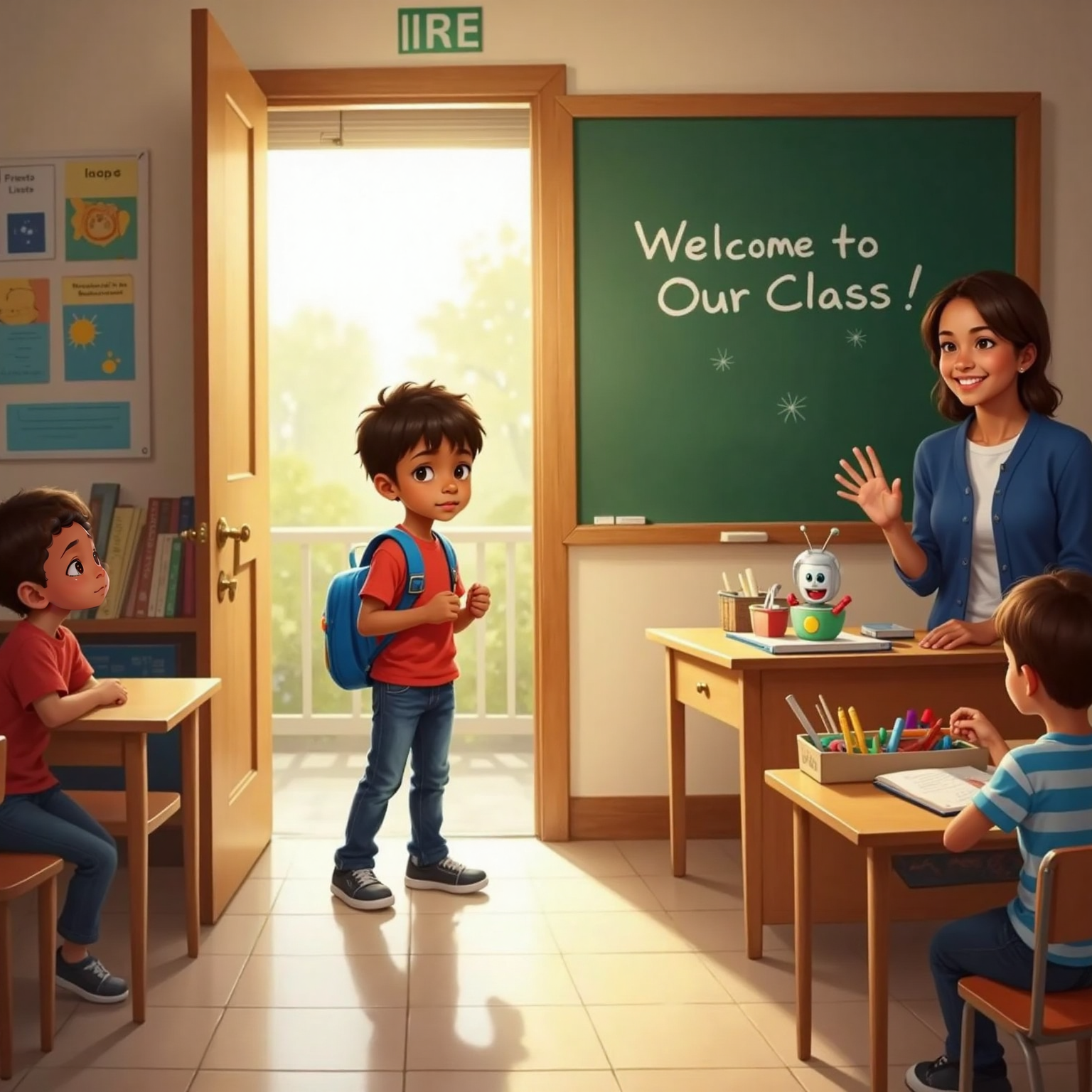 Inside a sunlit classroom morning, Joe stands near the door nervously clutching a backpack while a friendly teacher in a blue cardigan smiles from beside the chalkboard. At a desk, a brown-haired classmate waves, holding crayons and an open sketchbook.