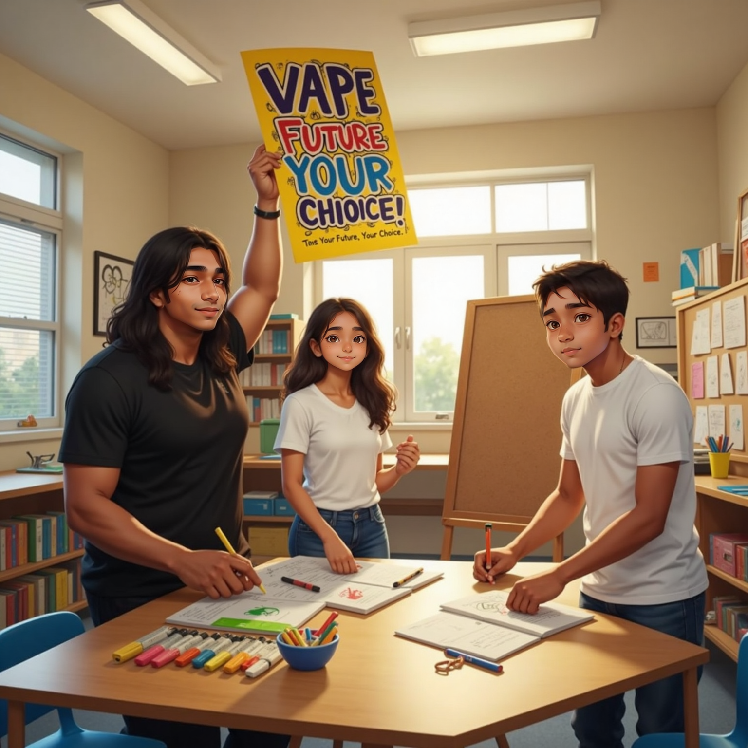 Inside the bright Boys and Girls Club classroom on a sunny afternoon, Billy lifts a colorful anti-vaping poster overhead while Mason spreads vibrant markers across a table. Mila stands between them, smiling widely and pointing toward a blank display board.