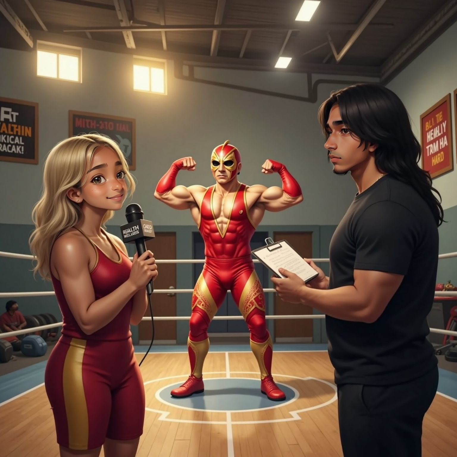 Inside a buzzing recreation-center gym at dusk, a masked Lucha Libre wrestler flexes in the ring while kim stands ringside with a microphone, eagerly questioning his healthy habits. Nearby, Billy scribbles notes on a clipboard as gold stage lights glare.