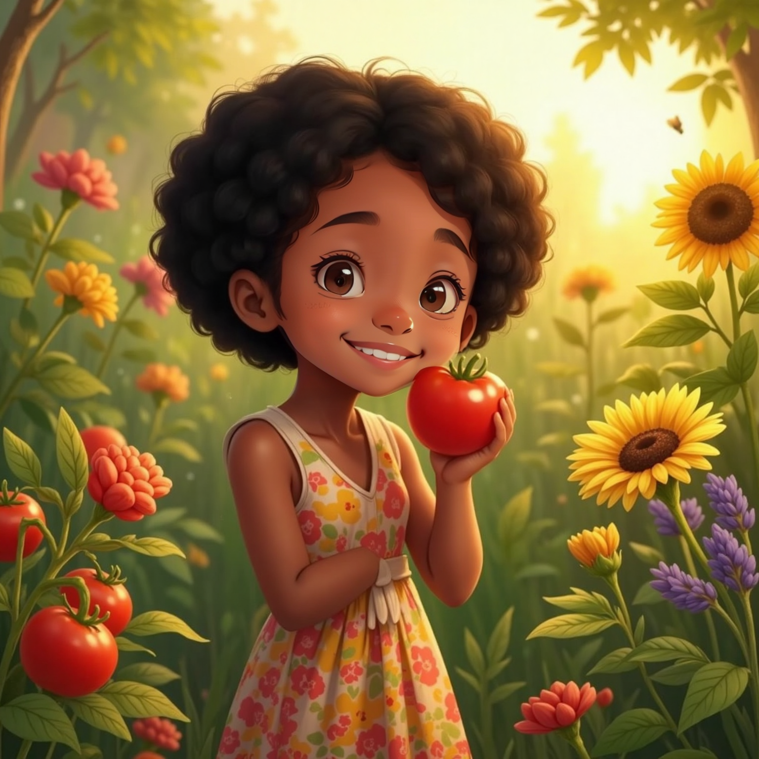 In Sandy's garden at dawn, Criss, eyes wide and smiling, pops a tomato into her mouth beside a blooming rose bush with lip-like petals. Golden sunrise light glows on jigging tomatoes and bowing sunflowers around her.