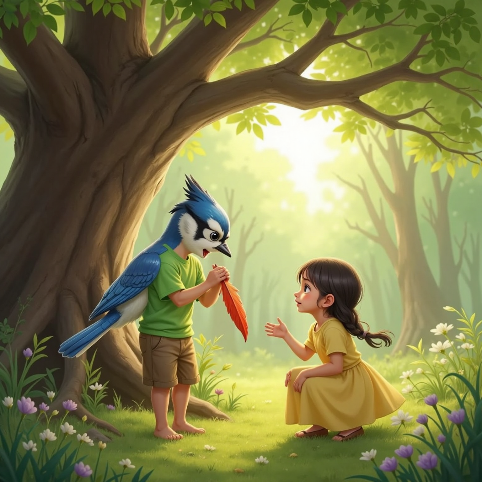 Beneath sun-dappled branches, The Bird (Feather’s Owner) gently tucks the returned feather into her wing while Milo stands nearby beaming, and Dara lowers her head to whisper praise. Warm afternoon light filters through leaves, highlighting their pleased expressions.