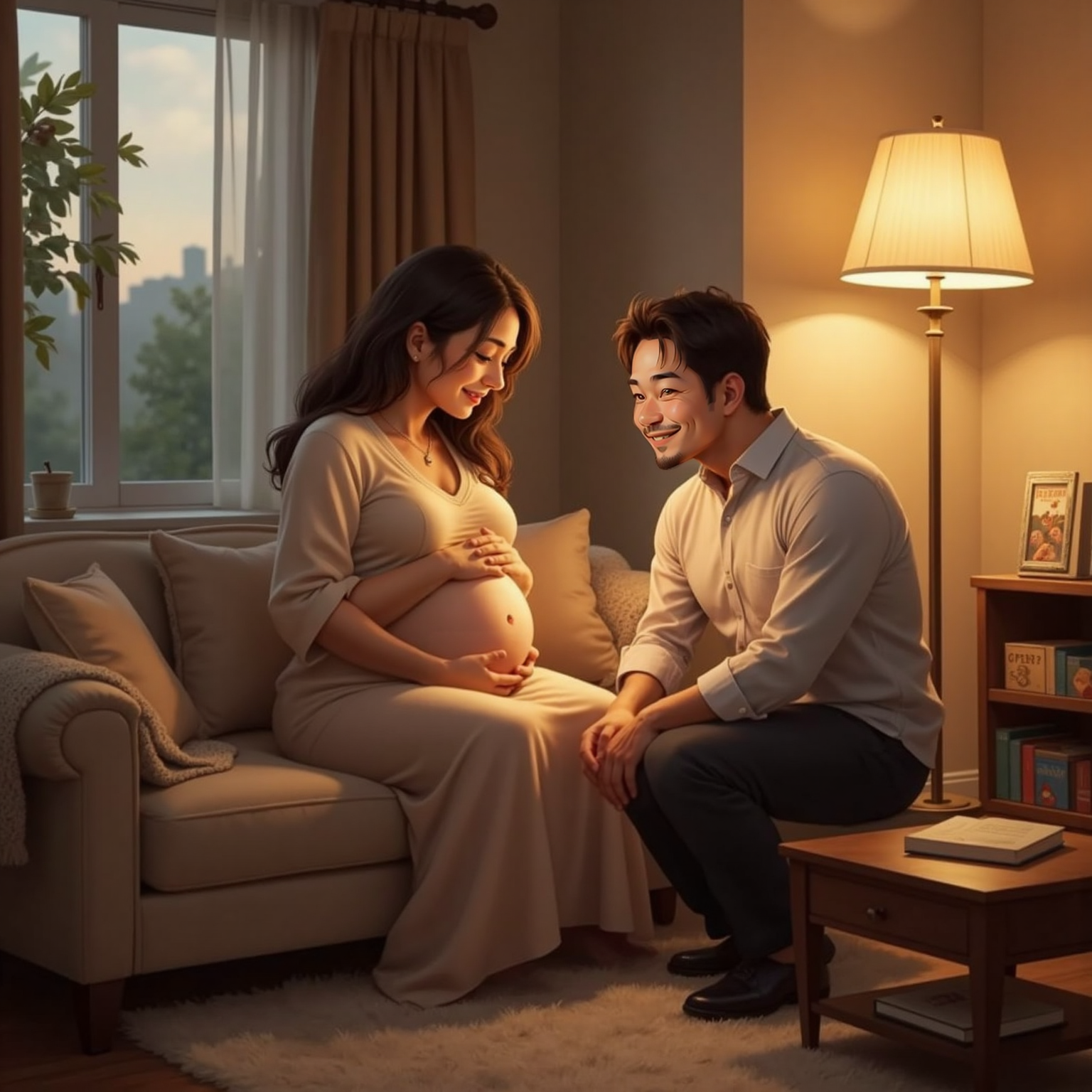 In a softly lit living room at dusk, a loving mother with gentle eyes cradles her round belly beside a glowing floor lamp while Dad kneels, smiling tenderly and whispering promises to the unborn child.