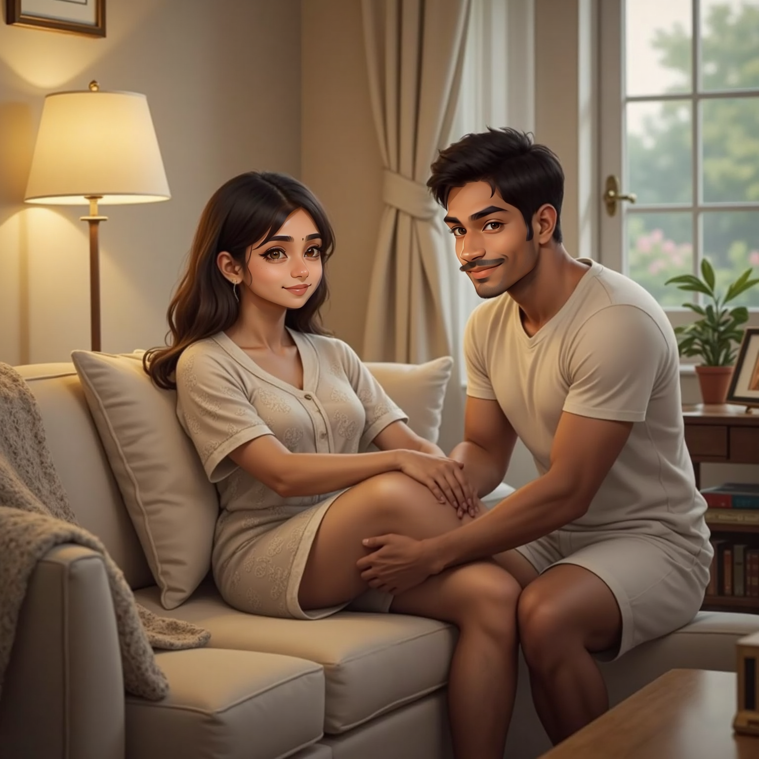 Mummy is sitting on couch with a gentle smile, wearing pajamas, Daddy kneels beside her, softly massaging her feet