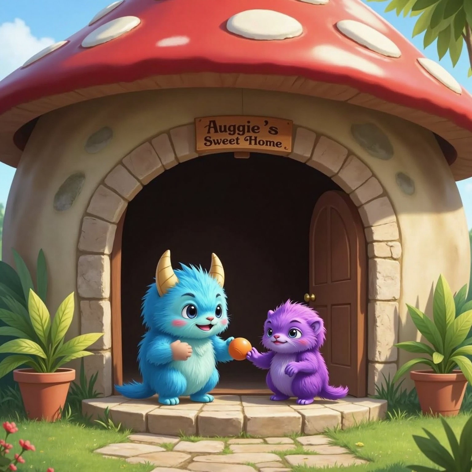 On the stone doorstep outside Auggie’s house in clear daylight, Auggie gently offers the bright orange ball to Lilah; she beams, sparkly scales shimmering, while his wobbly horns tilt hopefully.