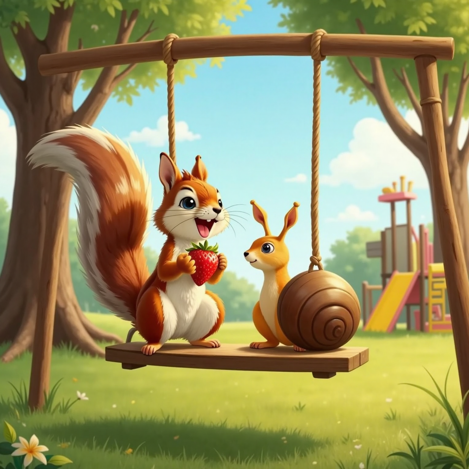 At an oak-hung playground on a bright afternoon, Sally and Snail share a wooden swing suspended mid-arc. Both clutch half-eaten strawberries, fur and shell ruffled by the breeze, their wide grins catching the sunlight against a clear sky.
