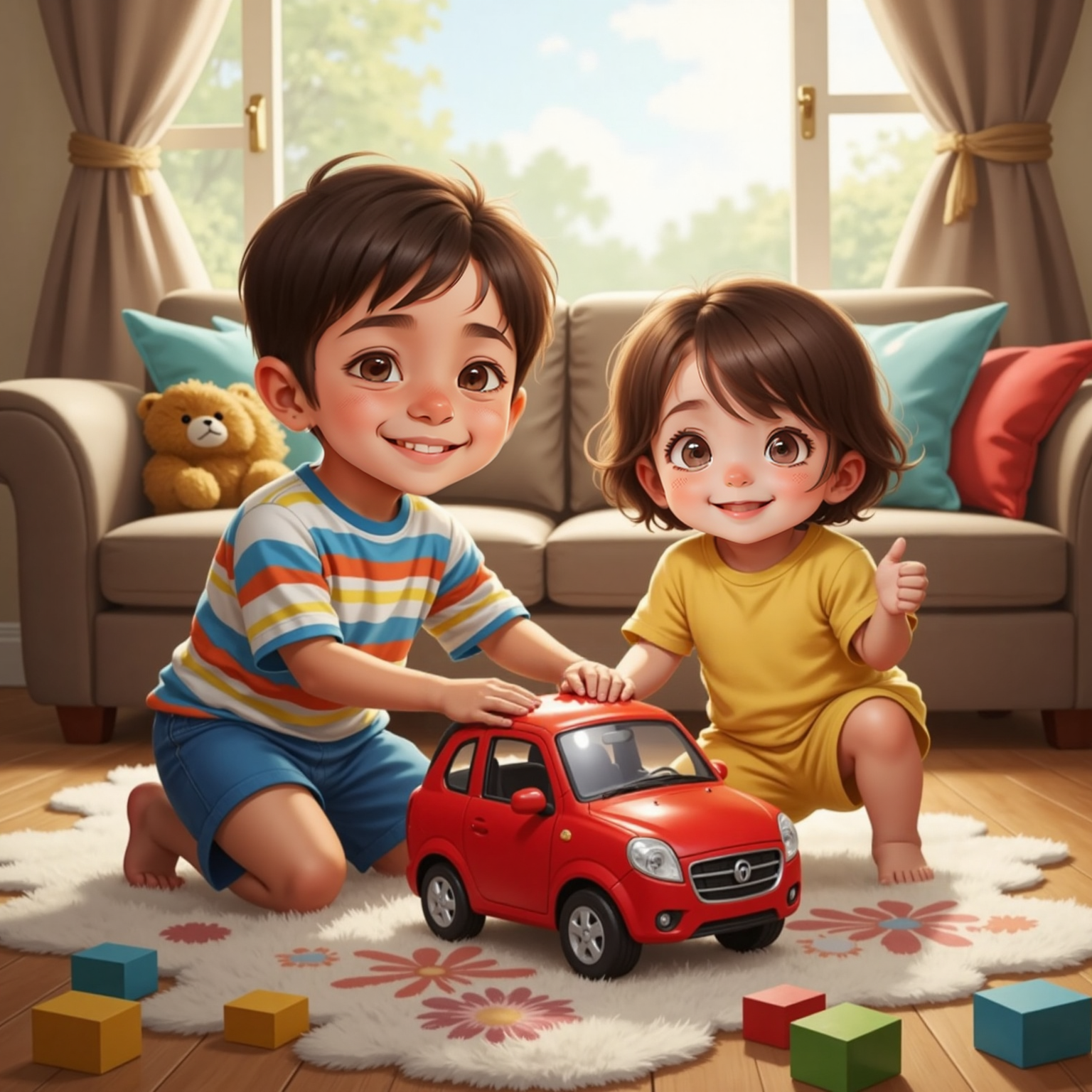 Bright afternoon light fills the living-room as Sebas and Maria Paz sit opposite on the rug, laughing while sliding the toy car back and forth between them. Their wide smiles and applauding hands capture shared excitement.