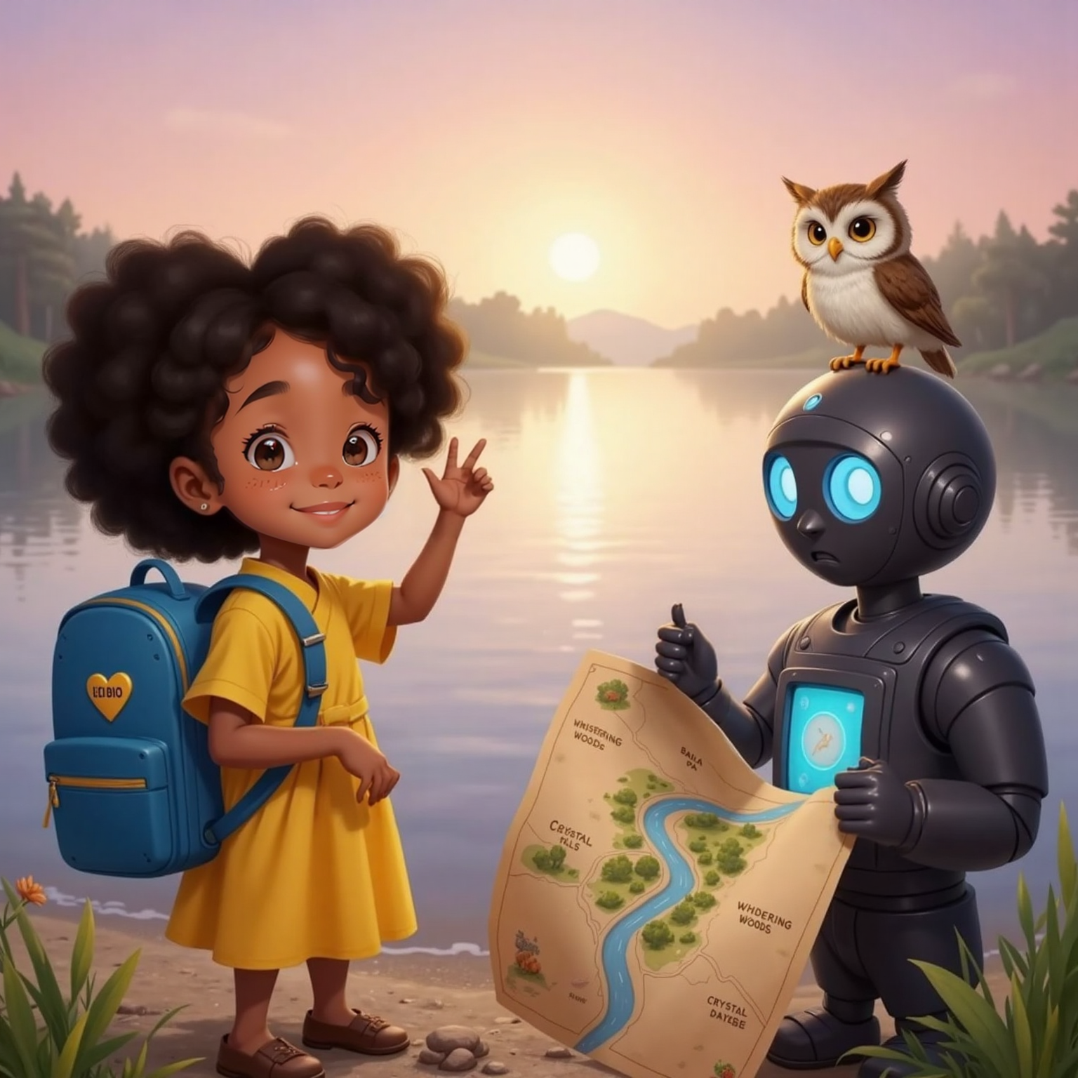 At dawn beside the sparkling river, Kiko waves toward the misty horizon with a small backpack strapped on, Max records notes on a glowing screen, and Bella perches atop his shoulder, map unfurled beneath soft pink sky.