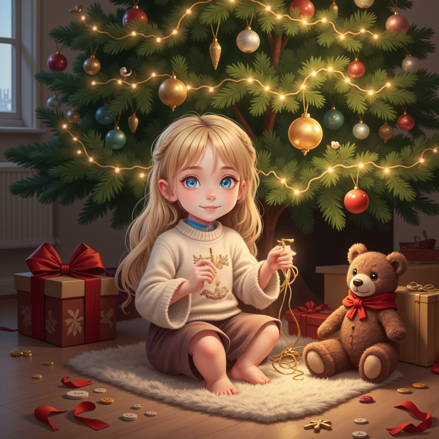 On a carpet of stray ribbons, buttons and beads beneath the Christmas tree, Анна (Аня) threads golden filament through a fir needle while a brownish-burgundy teddy bear missing one paw sits nearby under warm garland glow.