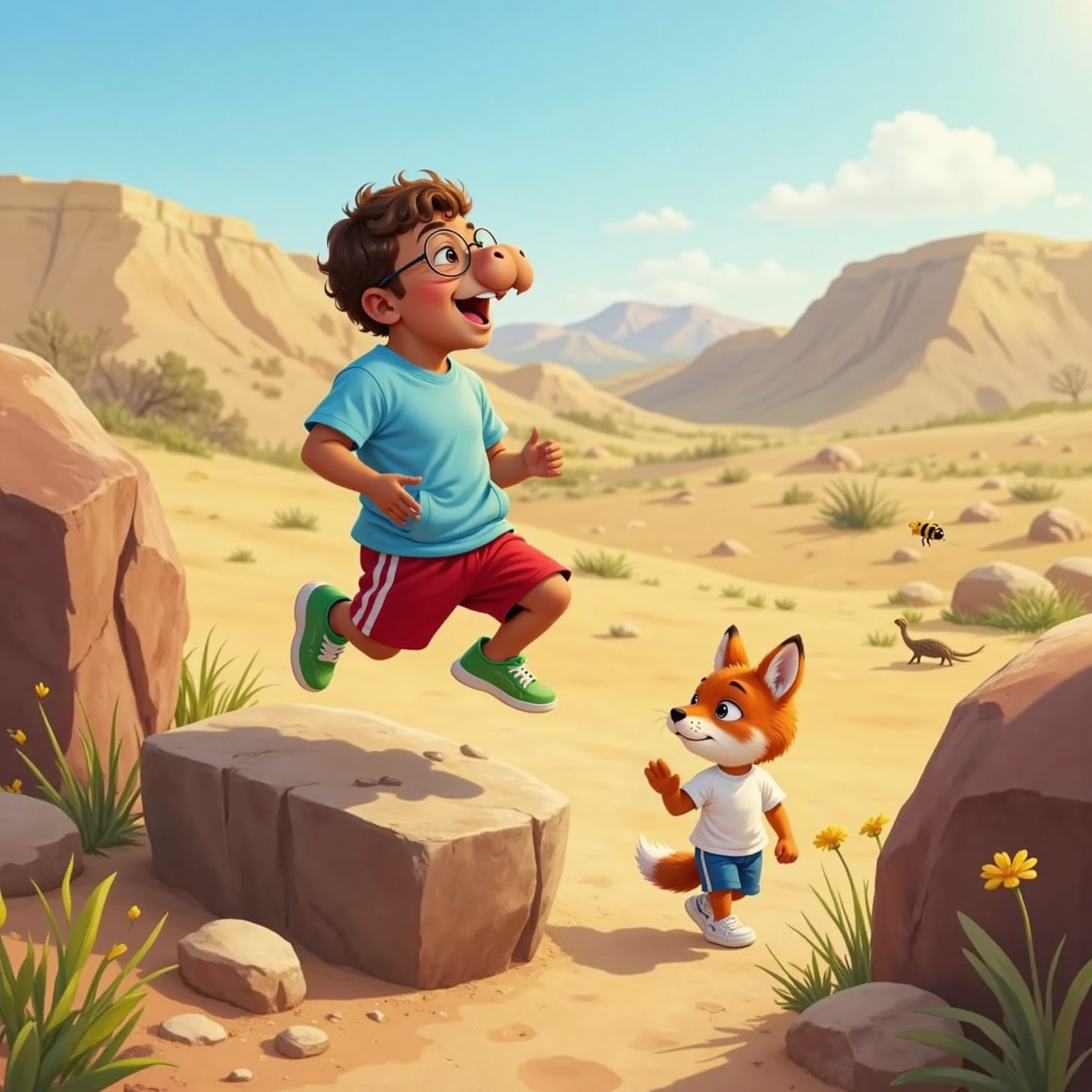 Young Hippopotamus male, glasses, curly brown hair, wearing red shirt, blue shorts, green gym shoes. Expression is happy and joyous. Scene is sunny mountain, little critters scurrying around. Also, young male fox standing on the ground white shirt blue shorts, white gym shoes. Watching hippopotamus leap from large mountain rock to another. 