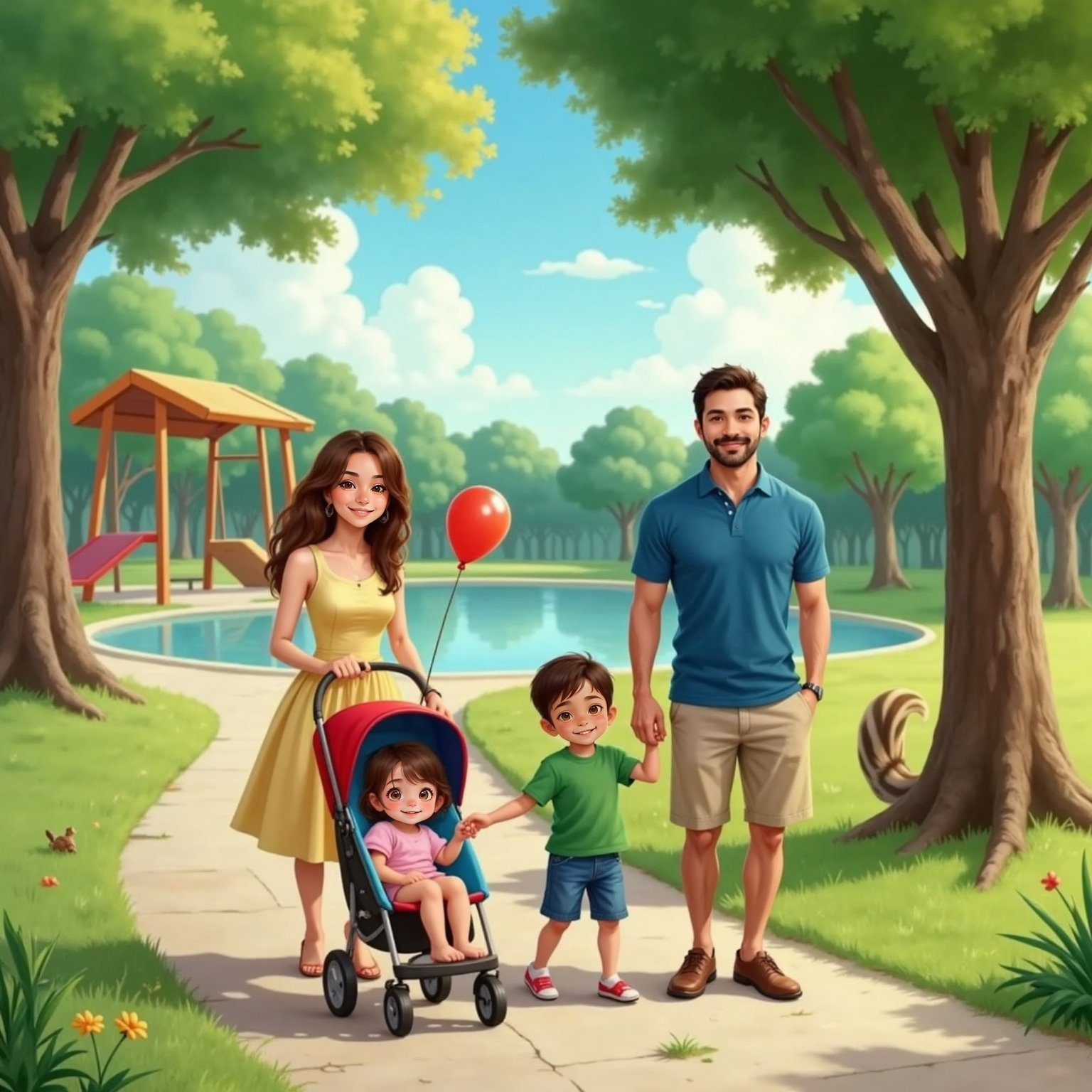 Papá, el que usaste en la imagen de la cocina, mamá, Sebas y maria paz  caminando por el parque a medio día, se ven los árboles, un pequeño lago al fondo, juegos infantiles, los 4 están felices 