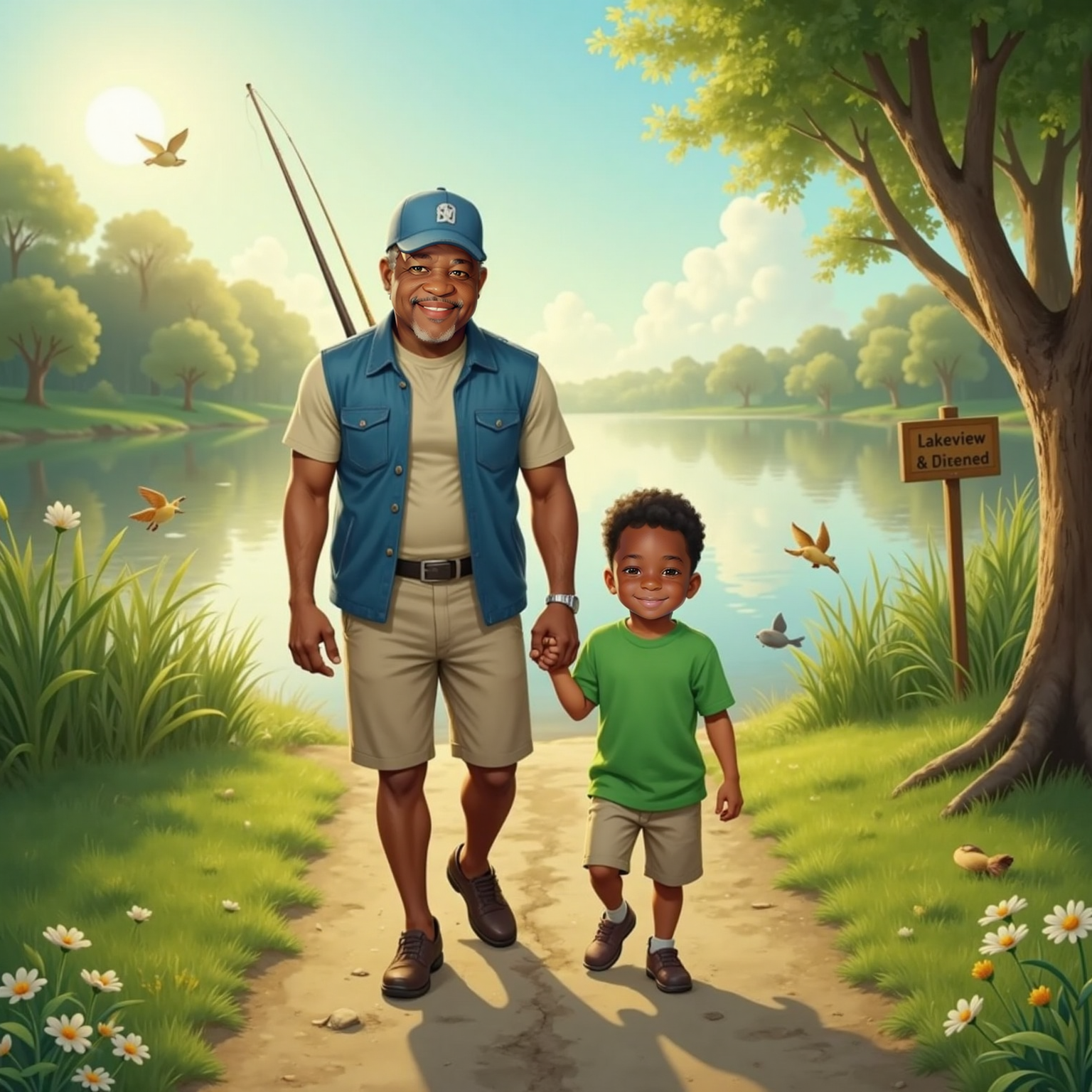 Along a sunny lakeside path, Poppi strides carrying two fishing poles while Amias skips at his side, gripping Poppi’s hand. Morning light sparkles on the distant water and birds flutter overhead.