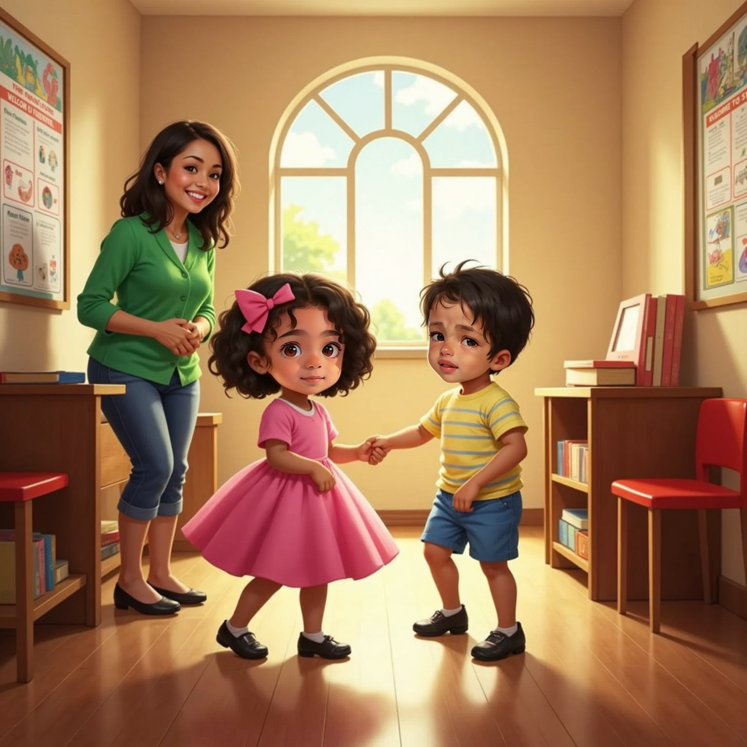 Inside St. Jozeph’s sunlit hallway, Lis and Ava spin in a joyful dance while Ms. Andrea laughs, hands clasped over her heart.