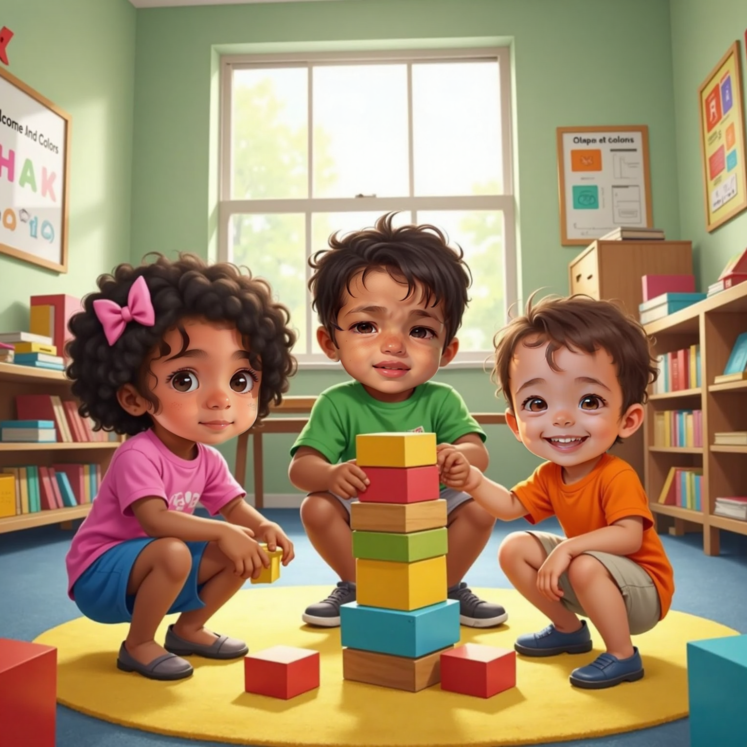 In the bright classroom midday, Ava, Lis, and Michelangelo crouch around a rising block tower, faces glowing with concentration beneath soft ceiling lights.