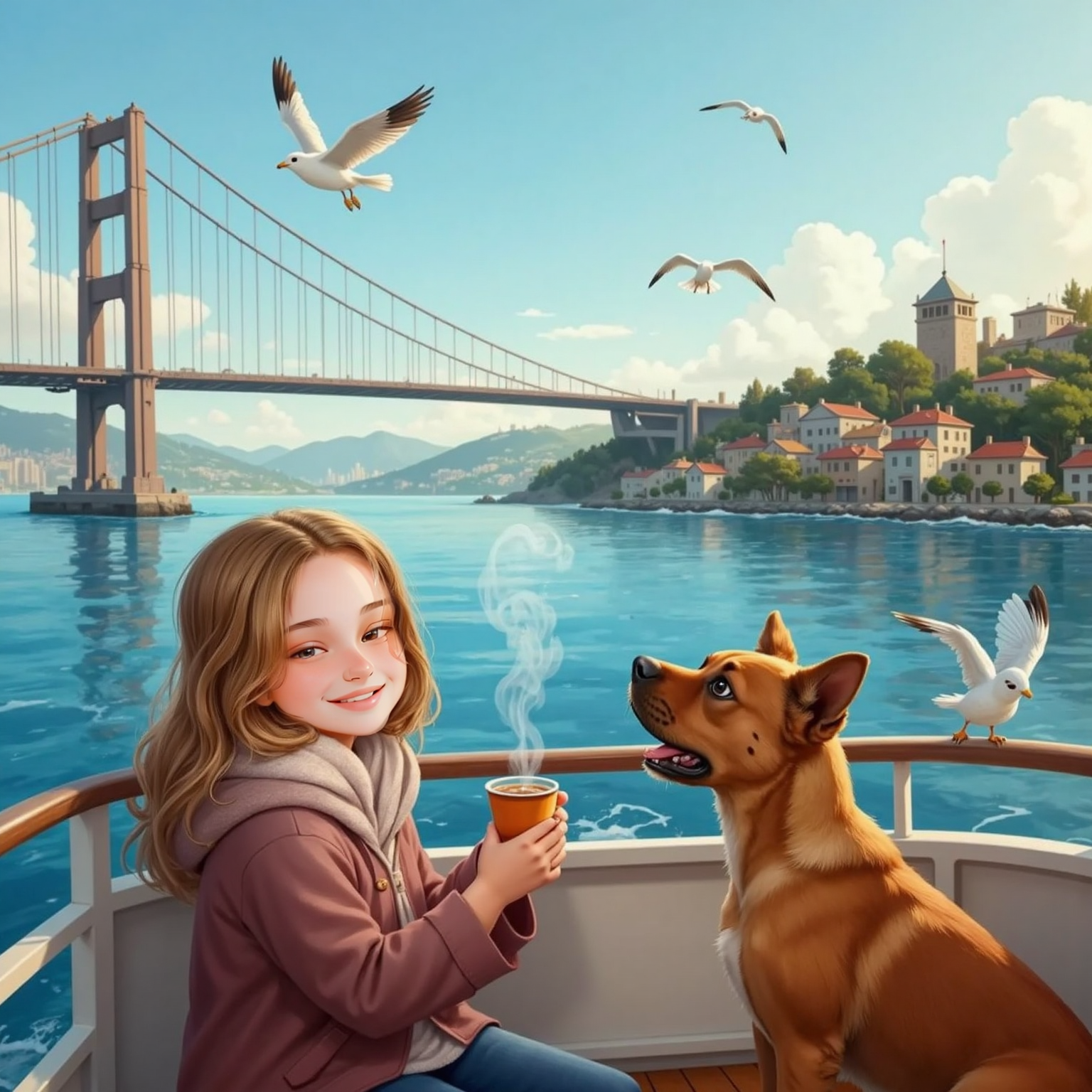 On an open deck of a Bosphorus ferry during a breezy afternoon, Gyovanna sips steaming çay while pointing at towering bridges; beside her, Paçoca braces floppy ears against wind as seagulls glide overhead and colorful shoreline houses drift by.