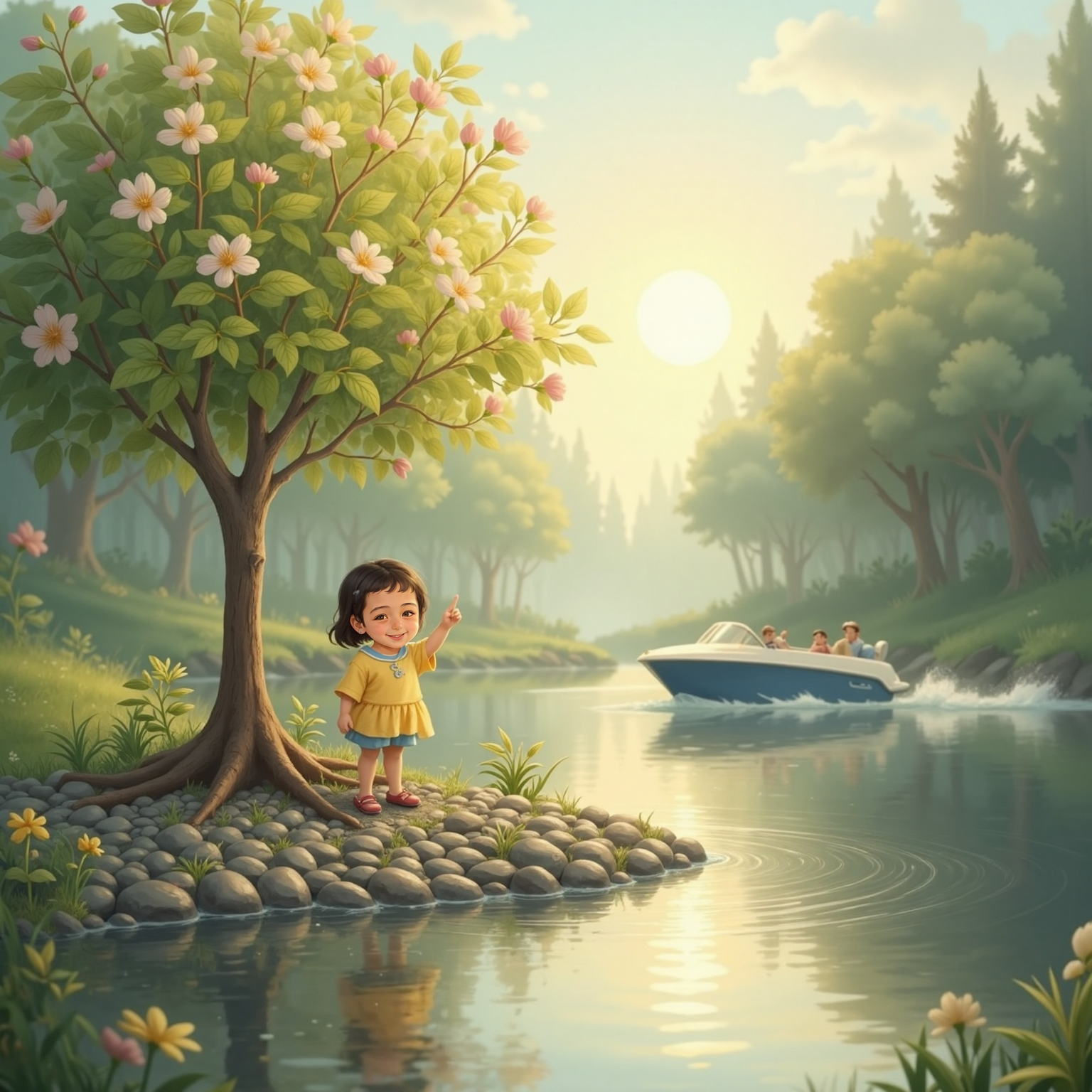 At dawn beneath the newly sprouted tree whose bell-shaped blossoms ring softly, Arlind points upward with delight while Skrepi lays a neat pebble path around the trunk and Skaf traces shining silver rings across the nearby pond.