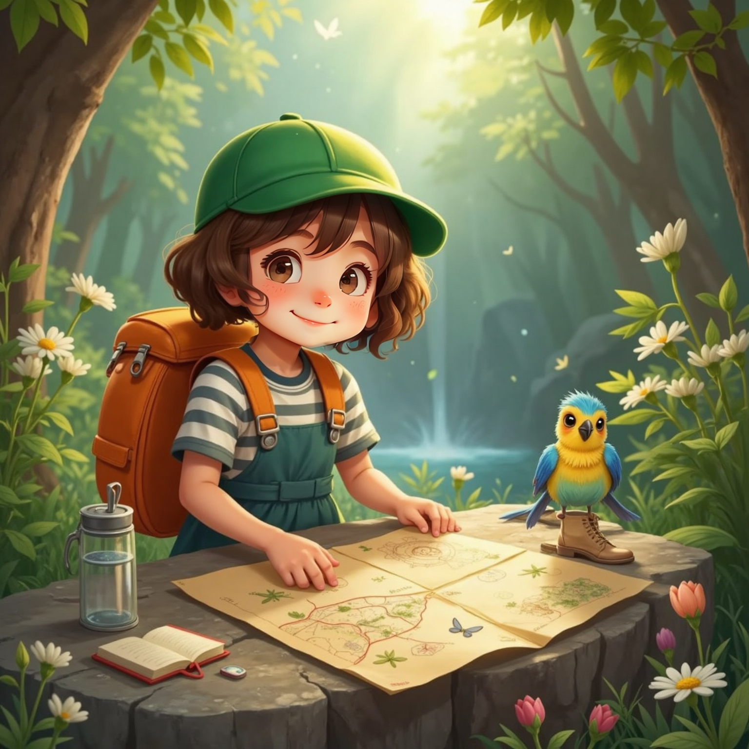 Under a clear midday sky, Maya spreads her well-worn map across a smooth rock, adding star symbols where waterfalls sparkle. Kiko leans over the edge, chirping 'loopity-loop' while packed gear rests neatly nearby.