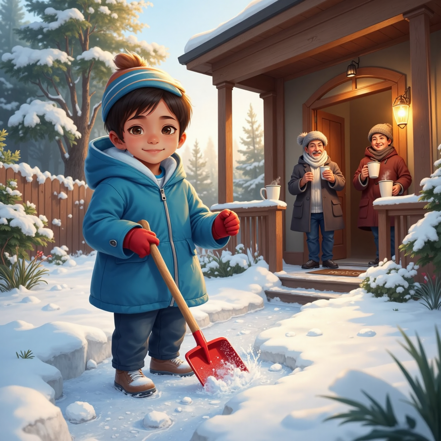 On a snowy neighborhood porch at morning, Michael swings a small shovel, carving a clean path through knee-deep drifts while bundled neighbors watch from the doorway holding steaming cocoa, his cheeks rosy with effort and joy.