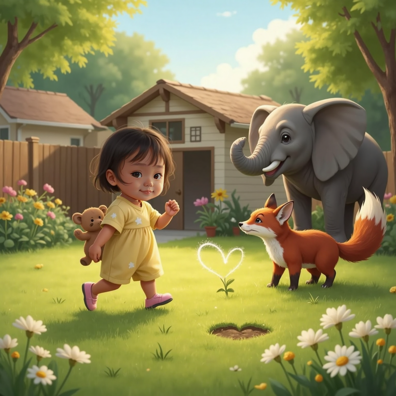 Early evening light falls over Amara's suburban backyard as meadow sparkles fade. Amara skips toward the house while a red fox with bright tail scratches a heart in soil and a large grey elephant with kind eyes trumpets farewell.