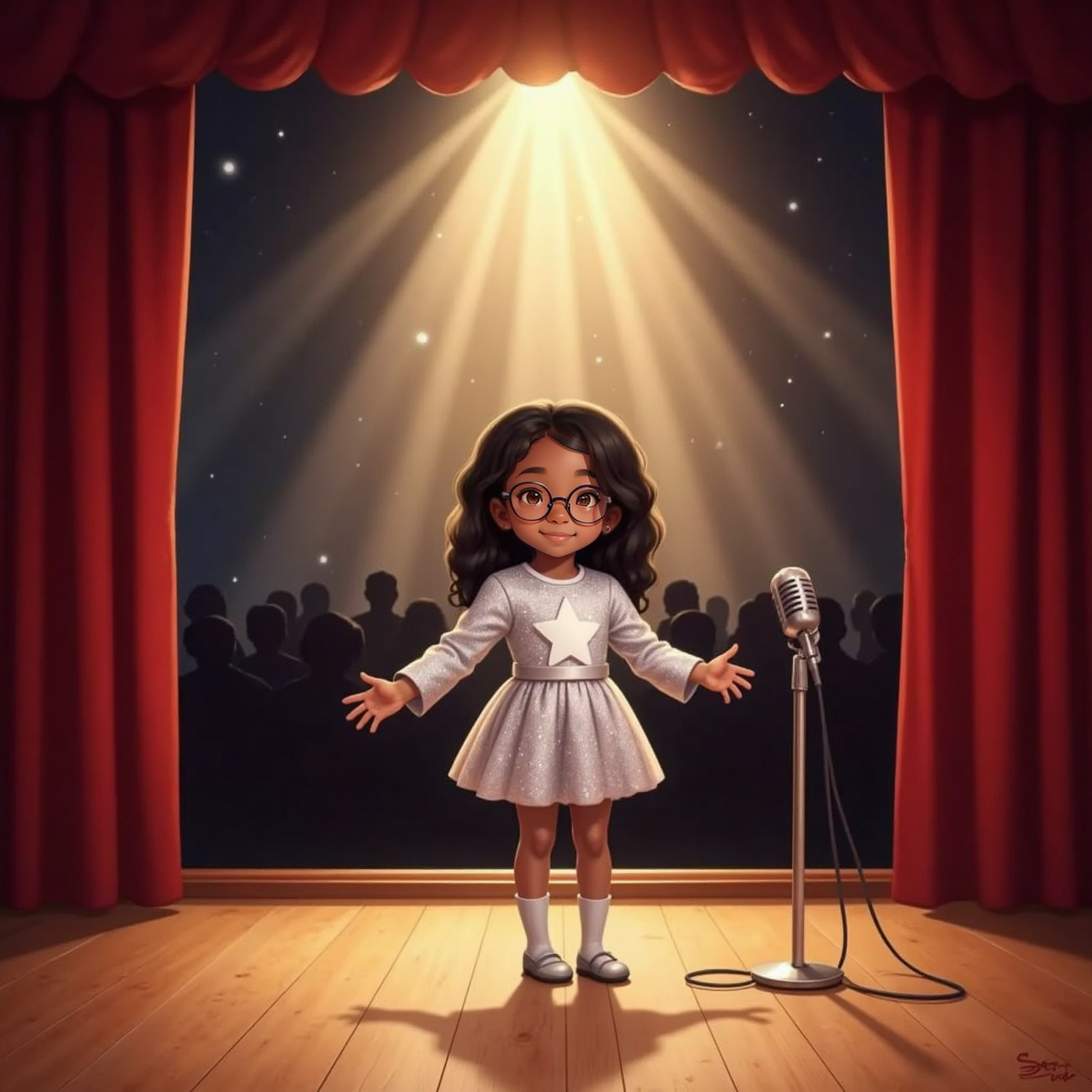 Nighttime stage lights blaze over Jordy in costume as she steps to the microphone center-stage, arms open and face shining with joyous confidence before the darkened audience silhouettes.