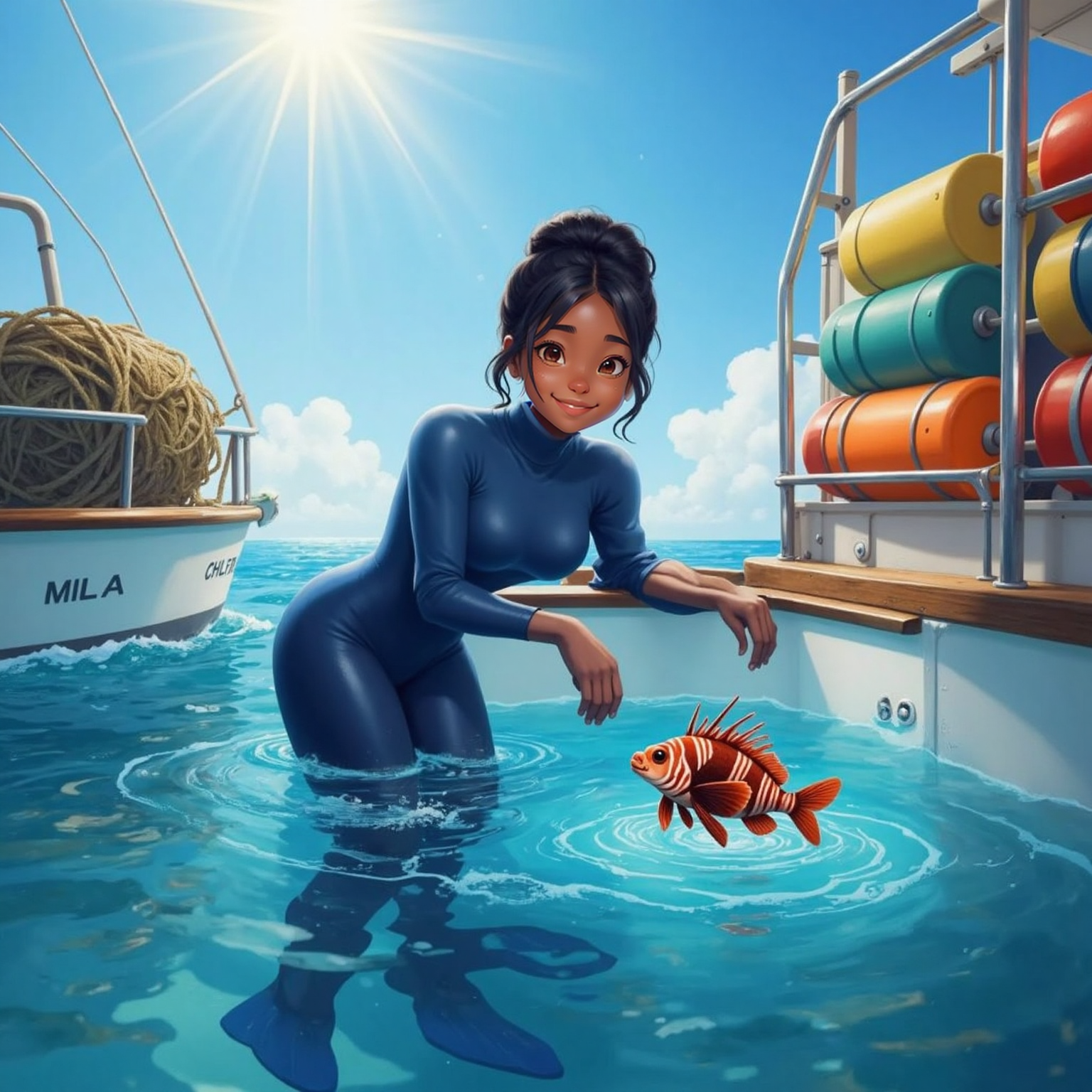 On a sunny boat deck, Mila leans over a clear floating tub where Larry glides, waves lapping hull sides. Sparkling noon light reflects off metal railings and the rippling water around them.