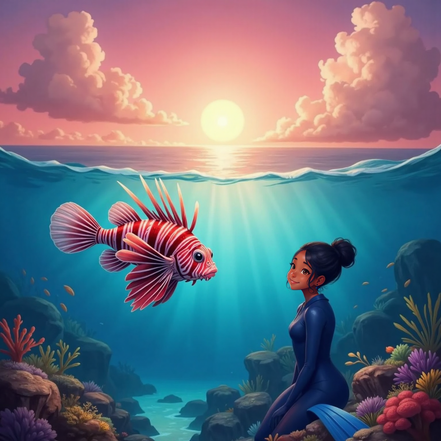 At dusk over an open reef vista, Larry hovers silhouetted against a pink-orange horizon, gazing toward distant reefs. Fading light glints on his spines as gentle waves suggest Mila's remembered voice.