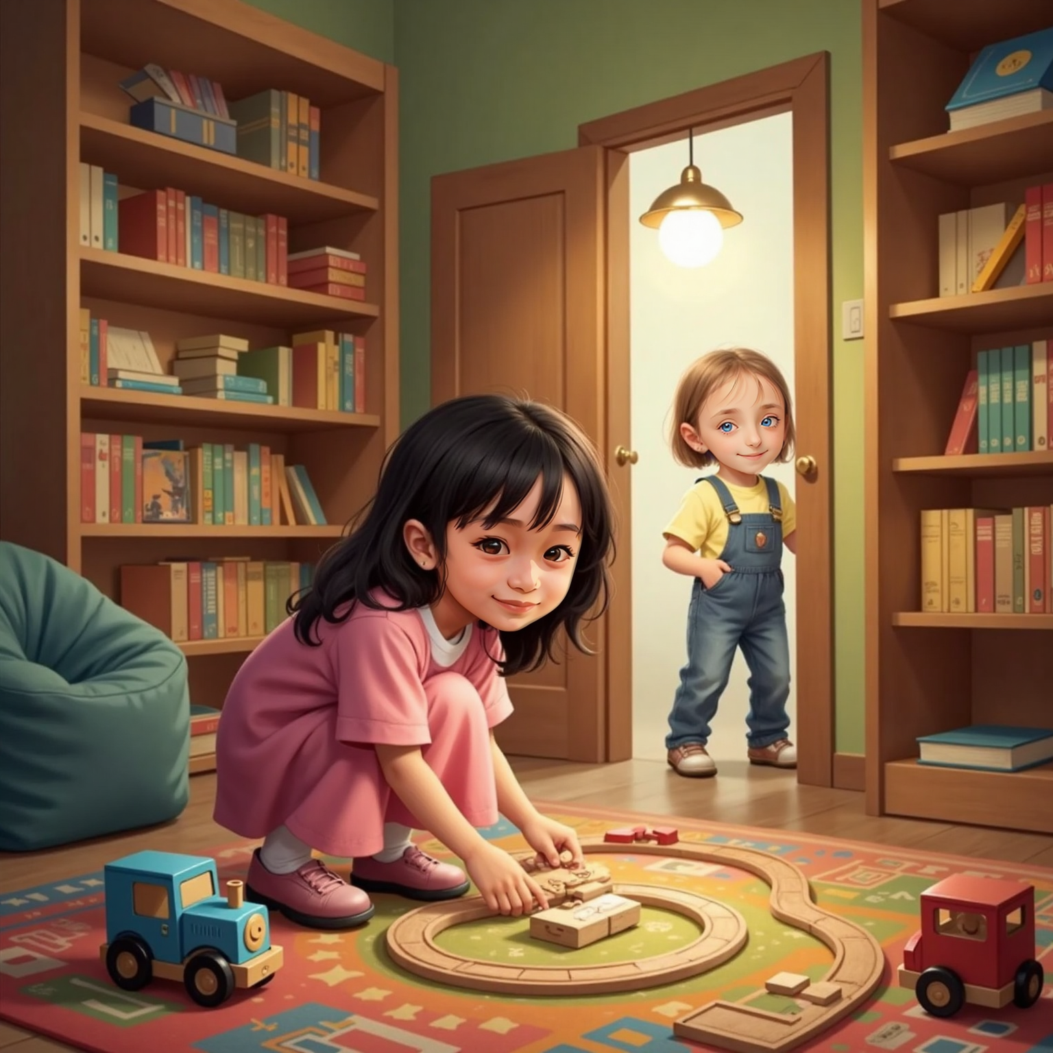 In the cozy library playroom under warm lamplight, Hannah kneels beside glowing wooden train tracks, concentrating on forming a loop. At the doorway, Sophie leans forward with wide curious eyes, half-hidden by the frame.