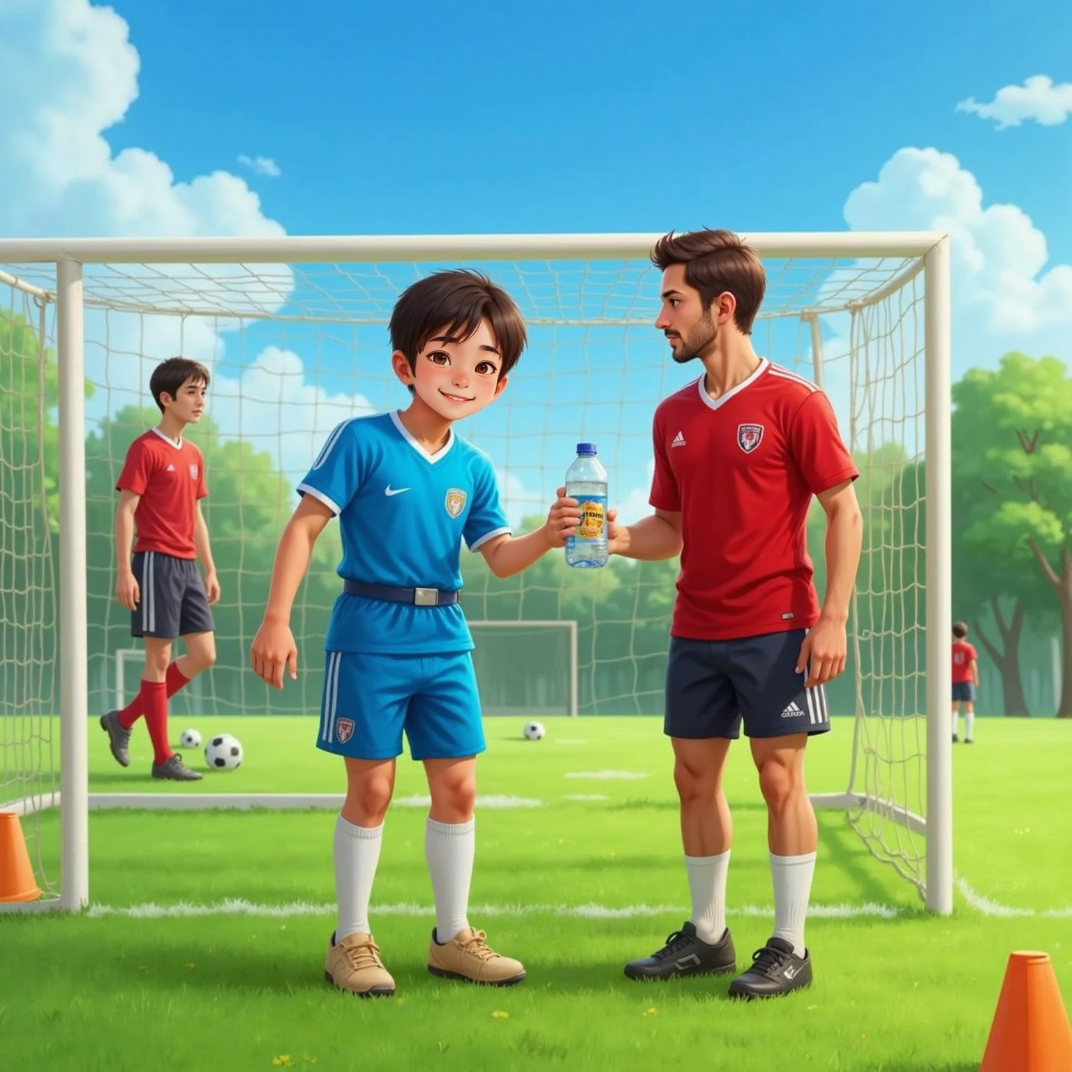 On a sunny afternoon soccer field, Kareem hands a cold water bottle to two sweaty teenage players near the goalpost. Dusty grass, bright daylight, and his coin pouch at his belt capture the moment of quiet generosity.
