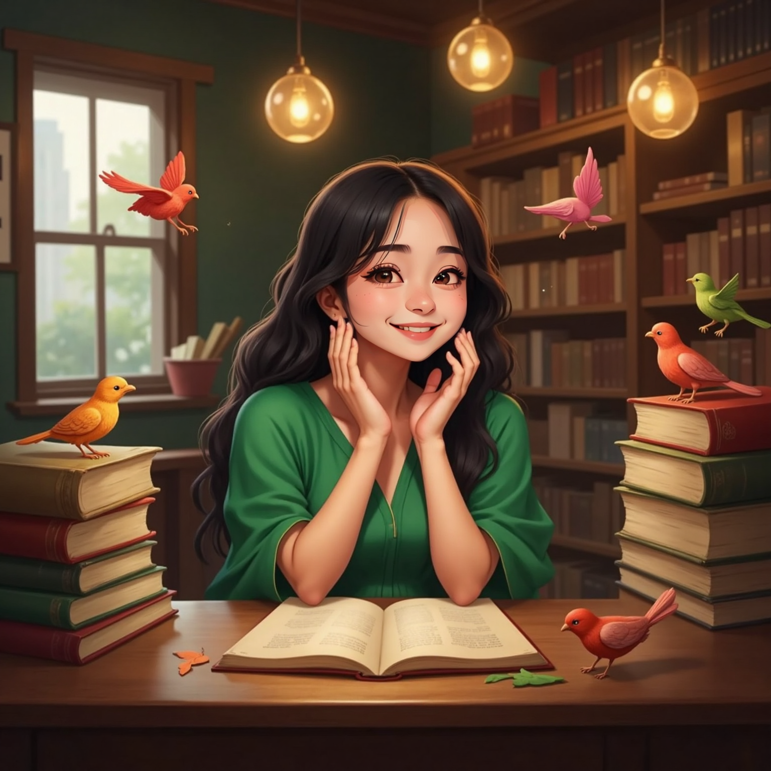 Under warm indoor light, loose sheets float above tables, folding themselves into small chirping paper birds; Ms. Andrea watches, hands on cheeks, her eyes wide with delighted wonder.