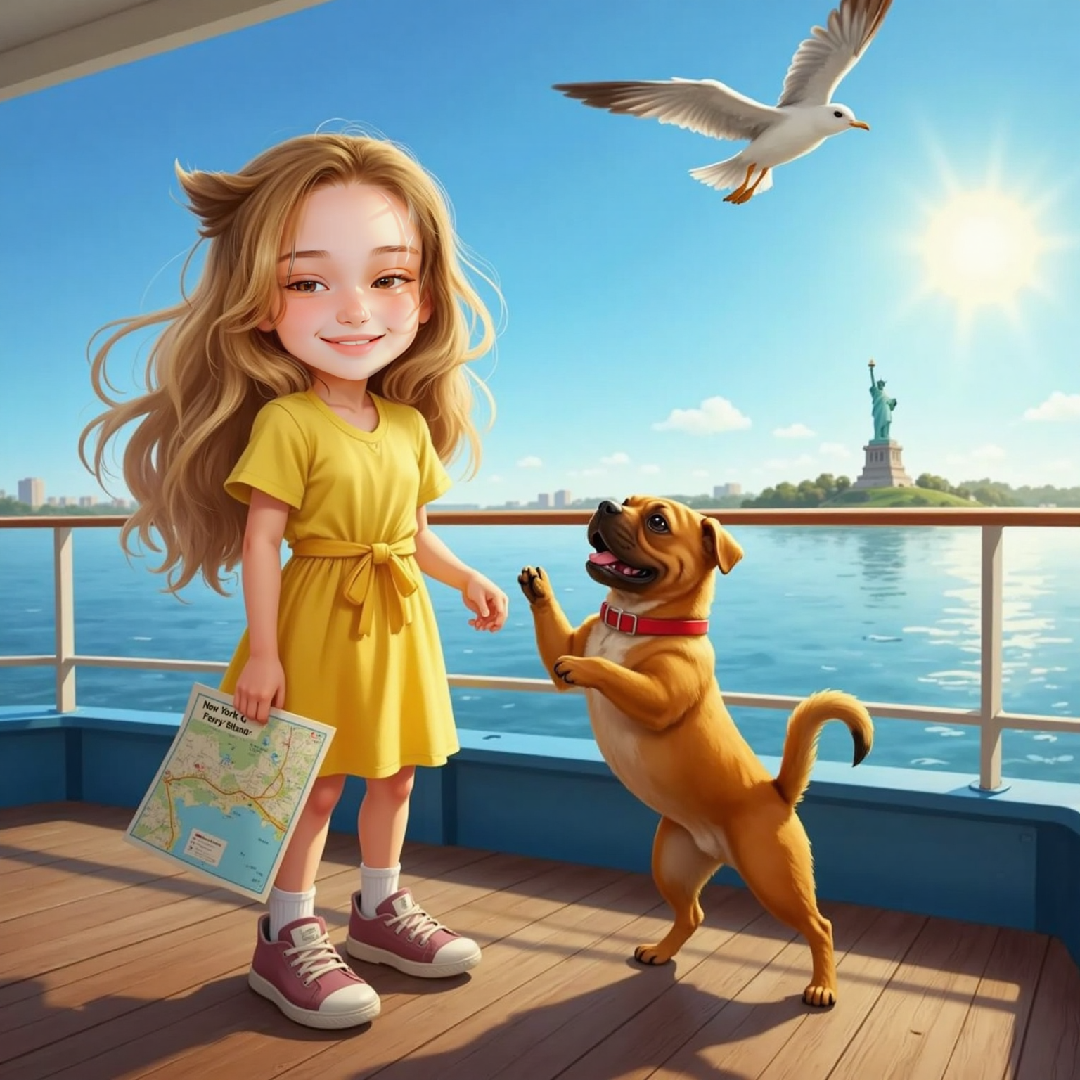 Midday sun sparkles over water as Gyovanna stands on a ferry deck, hair and map flapping in the wind. Beside her, Paçoca balances on hind legs, one paw raised toward the distant Statue of Liberty.