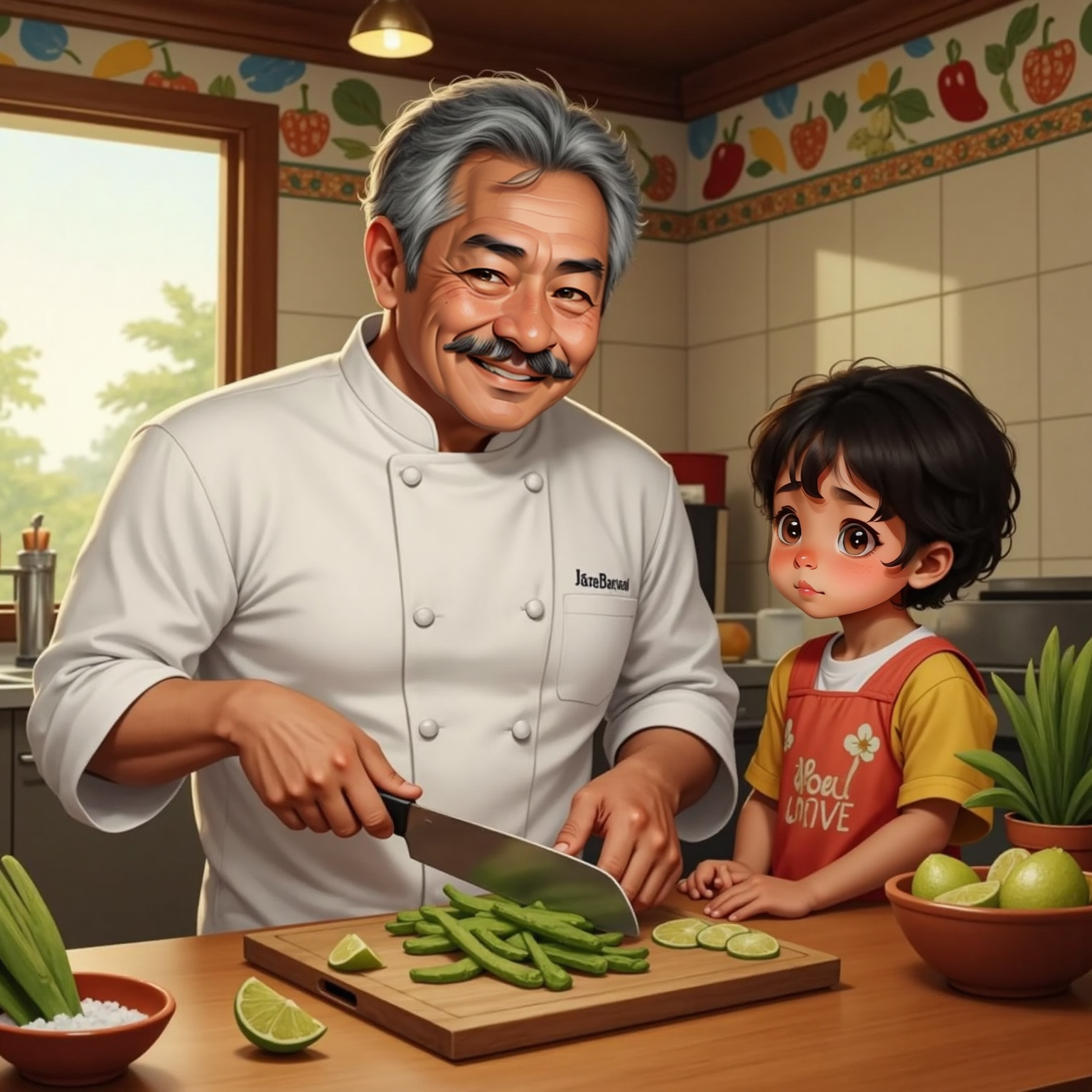 At the tiled kitchen counter under soft evening light, Chef Ricardo carefully shaves spines from bright green nopales with a sharp knife. Mila watches wide-eyed, a small bowl catching falling cactus seeds beside gleaming lime wedges and a salt dish.