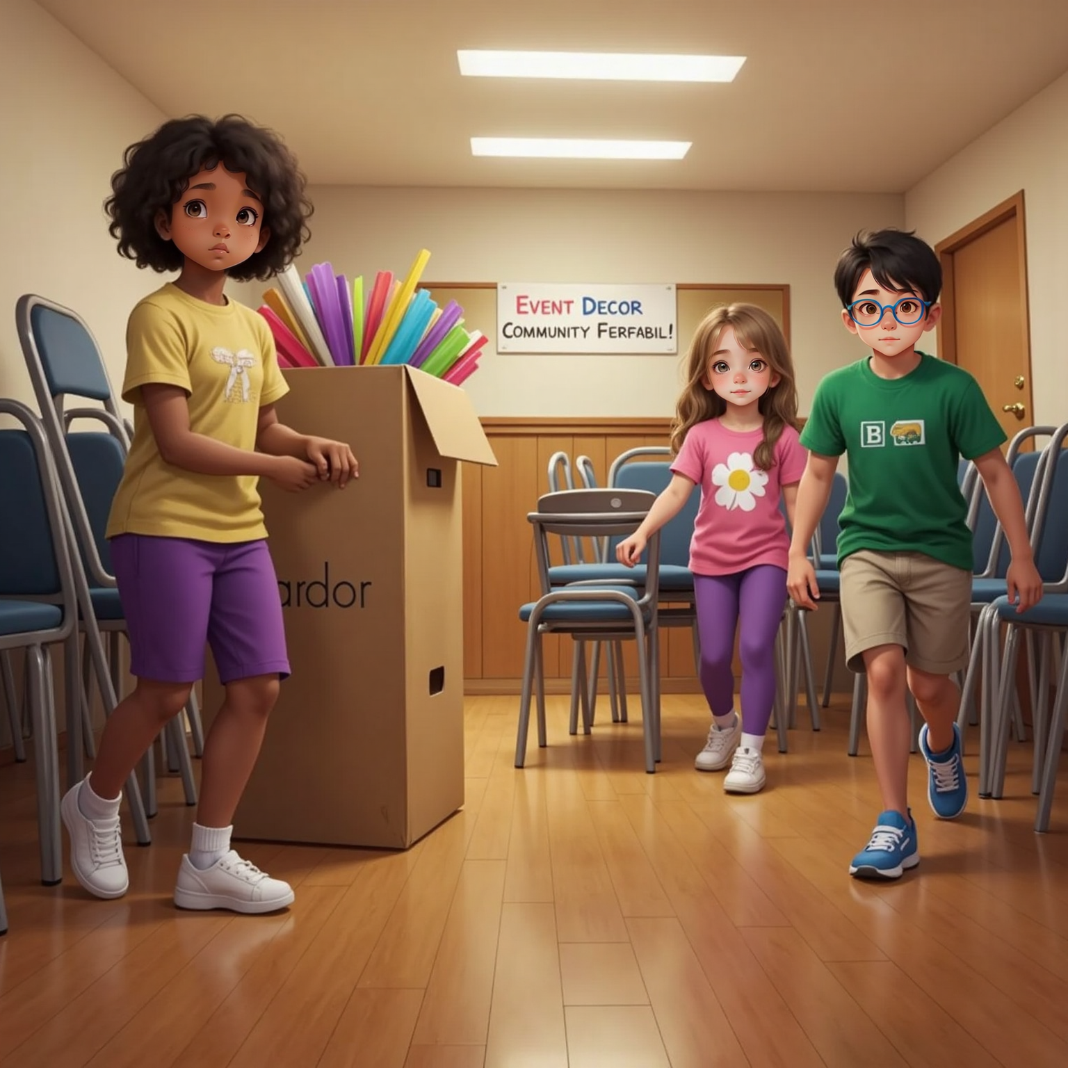 Inside the church fellowship hall, Jocelyn carefully lifts a cardboard box of streamers beside stacked chairs, while Naomi and Eli stride past carrying folded metal chairs under warm overhead lights. The hardwood floor gleams with fresh polish.