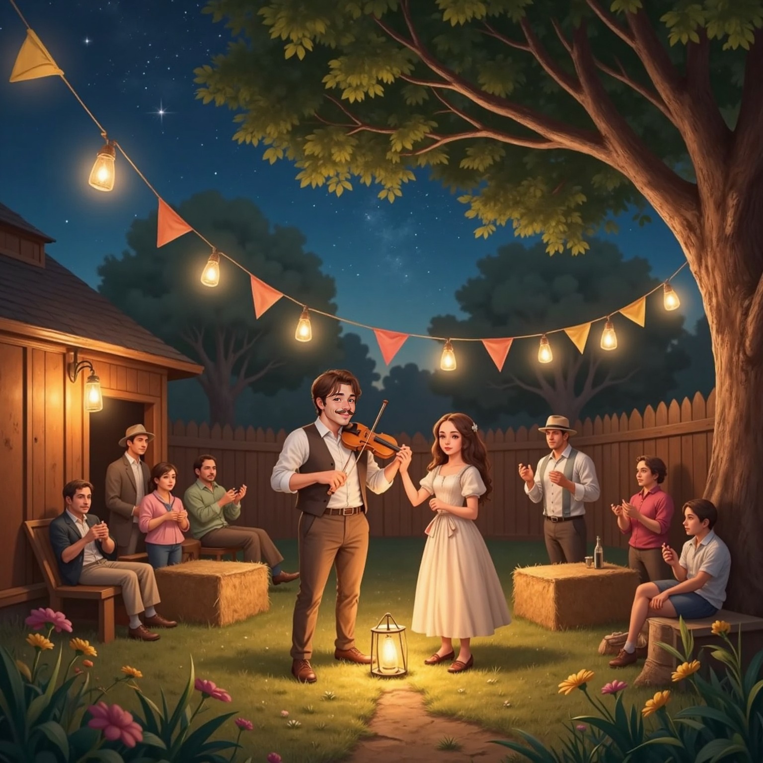 Stroke of midnight in the lantern-lit yard, Hans Hansen lowers his violin and raises his voice toward gathered neighbors. Beside him, Mina Nielsen laughs, hand clasped in his, as the crowd erupts into joyful cheers.