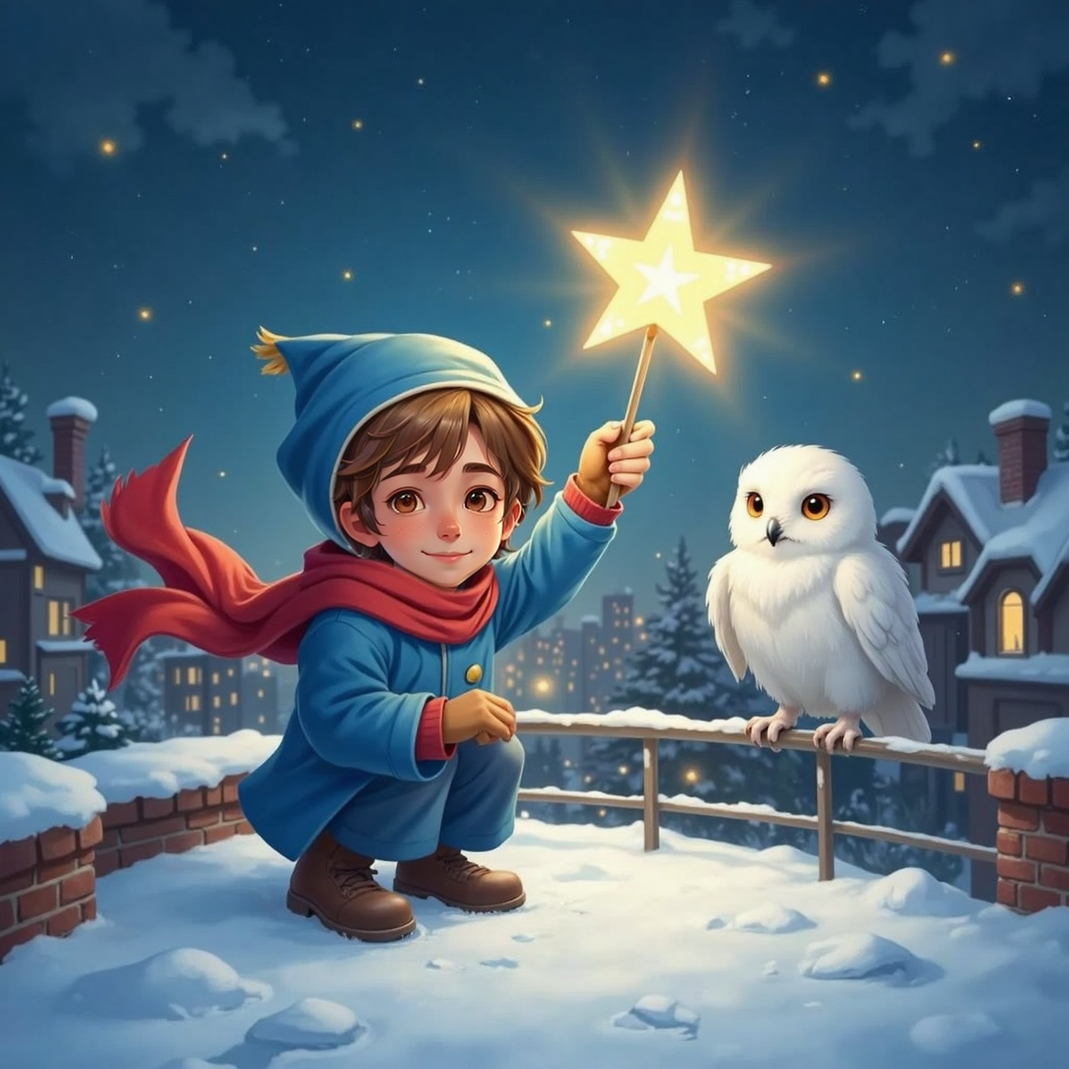 Near the rooftop safety railing, Арсений kneels securely on a blanket of snow, arms raised high with the glowing star, as wind-ruffled scarf tails stream backward. A large white polar owl with amber eyes watches calmly from the rail.